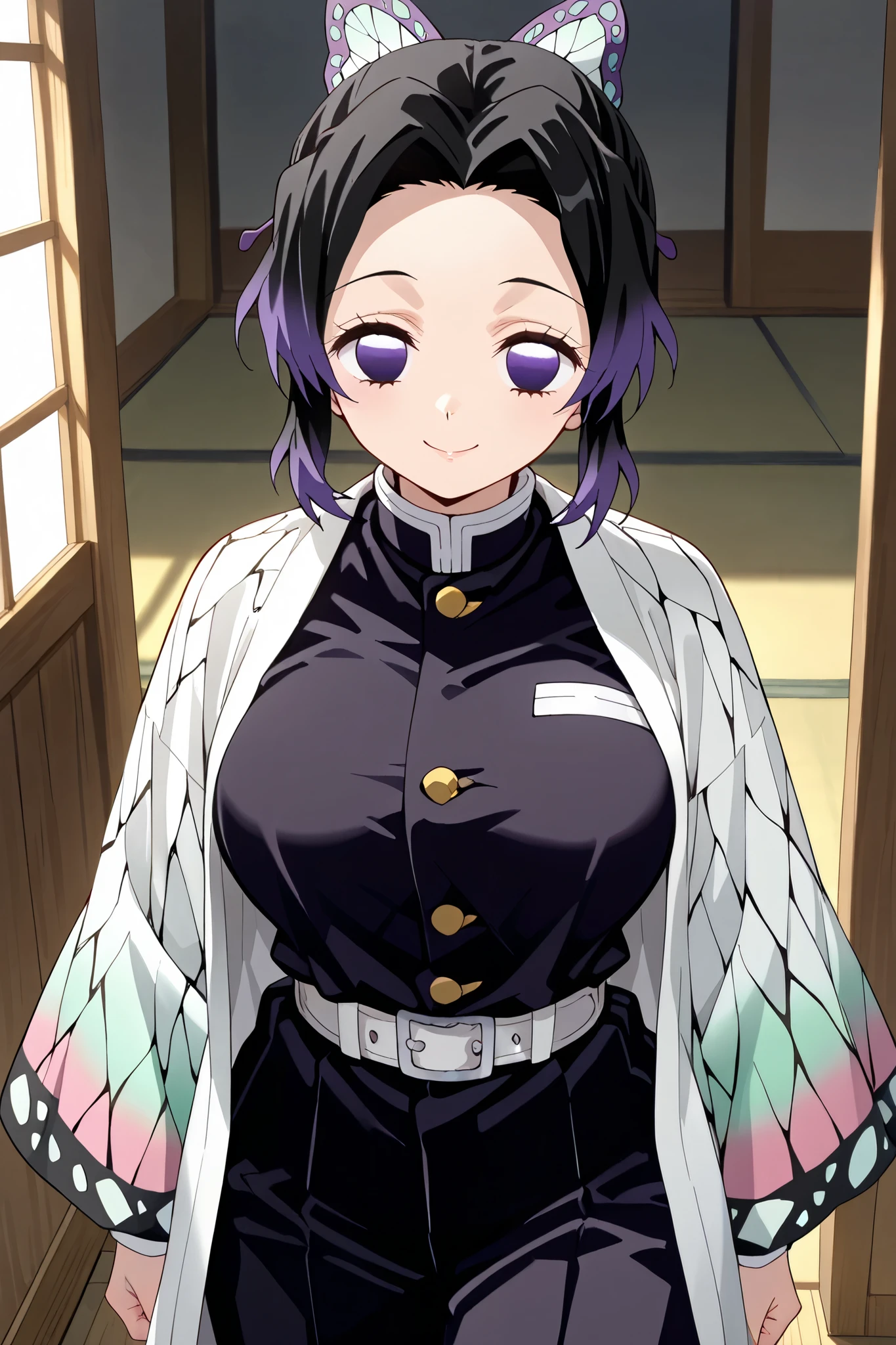 1girl,

shinobu kochou, animal print, black hair, butterfly hair ornament, butterfly print, forehead, gradient hair, hair ornament, haori, multicolored hair, parted bangs, purple hair, short hair, two-tone hair,
belt, black pants, butterfly print, coat, demon slayer uniform, haori, japanese clothes, pants, uniform,large breast,

 body,cowboy shot,from behind,looking viewer,

happy smile,

electile nipples through clothes, 



 (extremely detailed CG,masterpiece, highres icon,absurdres,4K),


