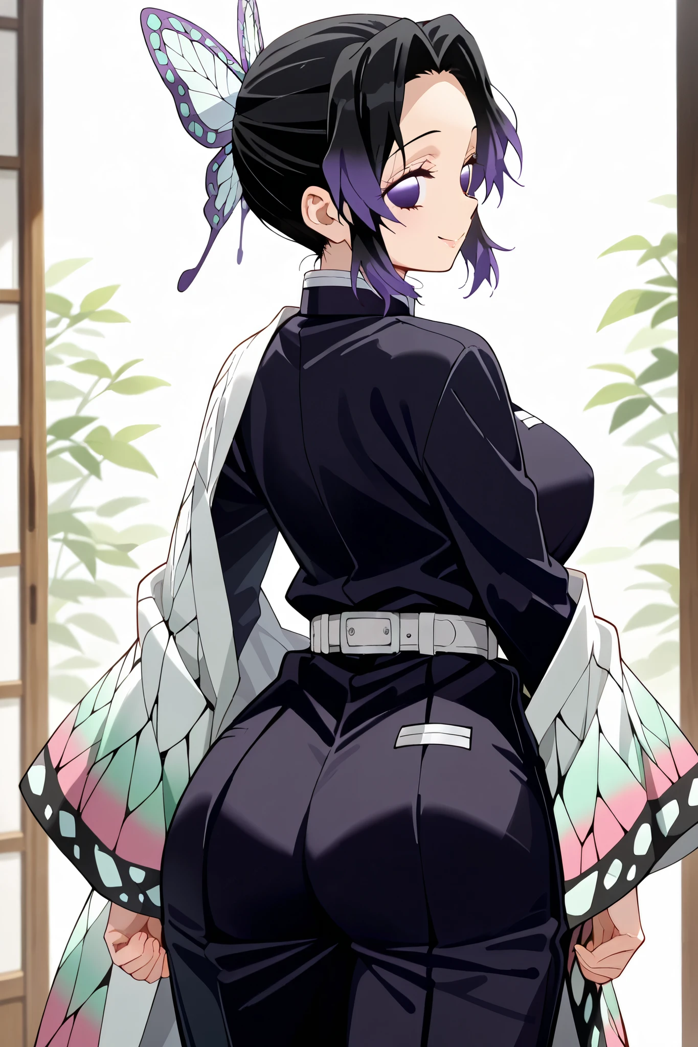 1girl,
shinobu kochou, animal print, black hair, butterfly hair ornament, butterfly print, forehead, gradient hair, hair ornament, haori, multicolored hair, parted bangs, purple hair, short hair, two-tone hair,
belt, black pants, butterfly print, coat, demon slayer uniform, haori, japanese clothes, pants, uniform,large breast,
back shot,body,cowboy shot,from behind,looking back,
happy smile,
electile nipples through clothes,
(extremely detailed CG,masterpiece, highres icon,absurdres,4K),