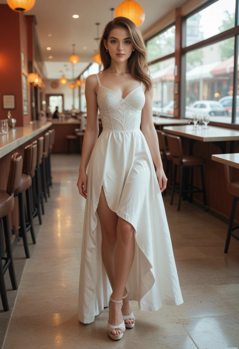 Instagram picture of a 25 years old beautiful woman, wearing an elegant white wedding dress with pearl embellishments, unused train station, full body, epic character composition,by ilya kuvshinov, alessio albi, nina masic,sharp focus, subsurface scattering, f2, 35mm, film grain <lora:paulash:1>