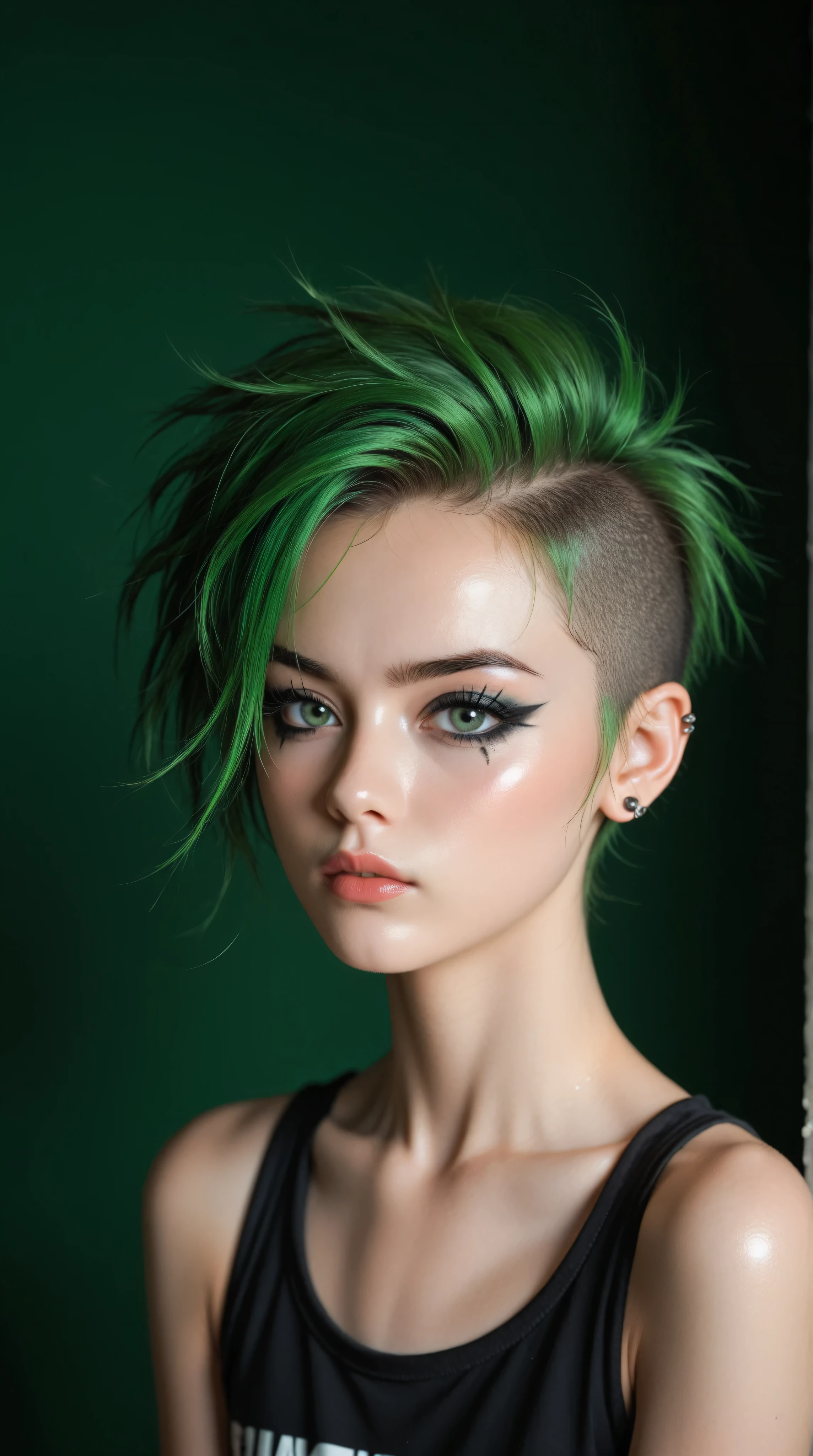 ((8k ultra hd quality)), Girl, White skin, ask frio, Waardenburg blue eyes, soft makeup, pink lips, but short jade green color, Mohawk Inspired One Side Buzz Cut, perfect face, perfect easy traits, perfect body, body with golden ratio, Large and voluminous breasts, round tits, thick and firm thighs, Bright red silk dress with deep neck and side slit, posing at a gala event