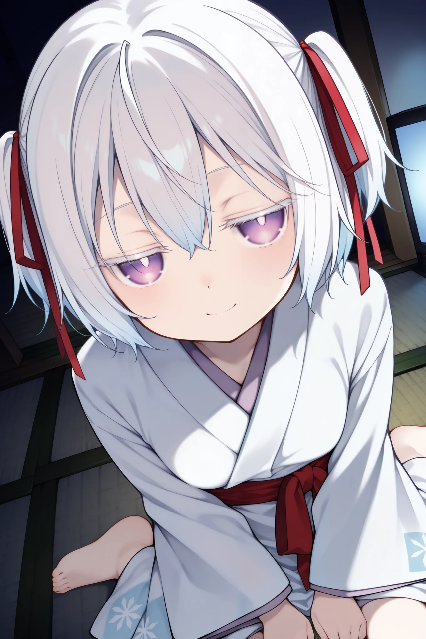 score_9, score_8_up, score_7_up, ((dim, dark room, deep shadows, tatami)), looking at viewer, dutch angle, (solo, 1girl, yuki onna, white hair, short hair, two side up, habitual hair, hair ribbon, red ribbon, purple eyes), ((loli, thin, petite, female, short body)), (white kimono), wariza, cute face, big eyes, (((white pupil))), white eyelashes, lower eyelashes, ((blash, jitome, smile))