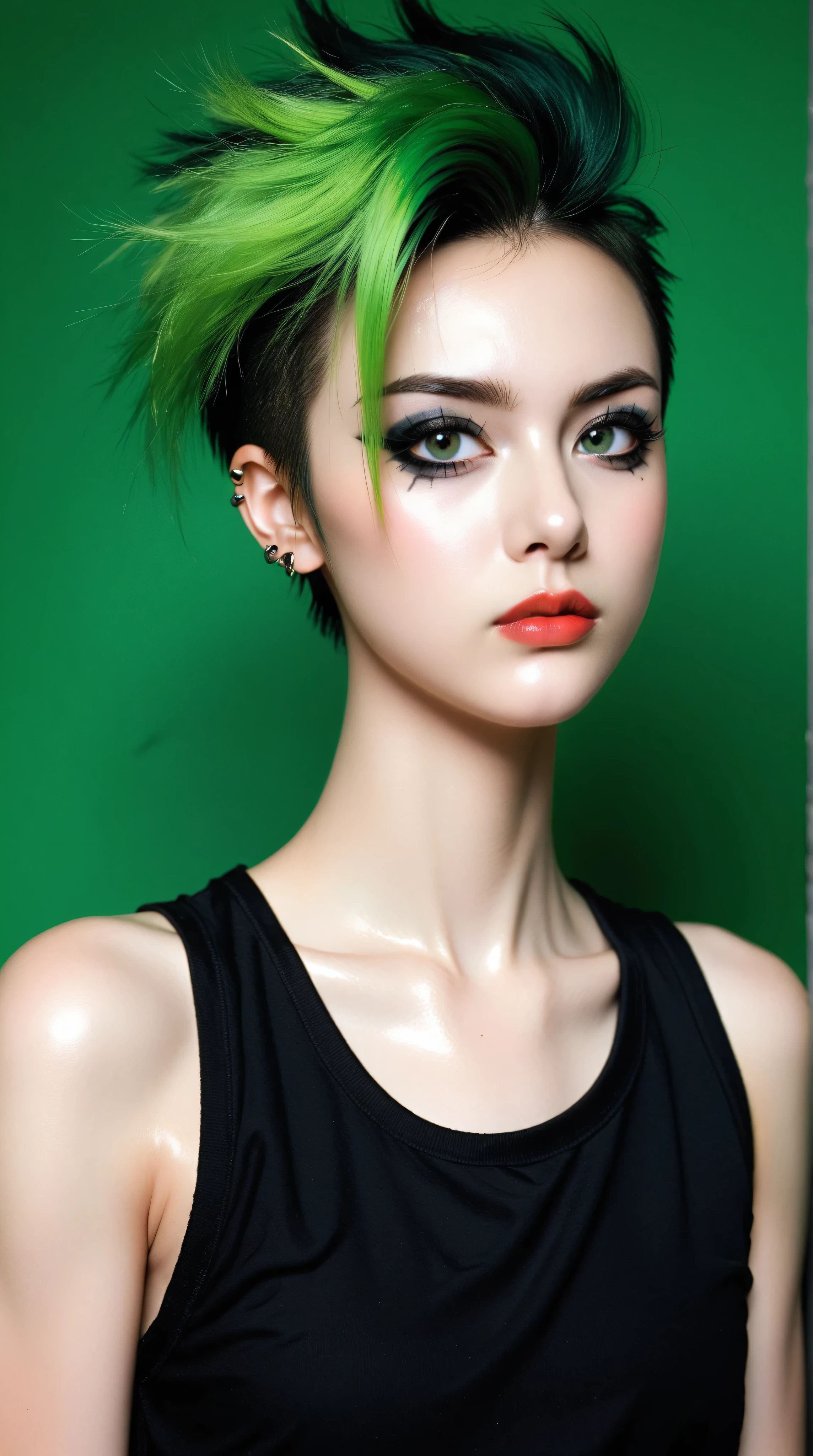 young korean goth girl, snapshot aesthetic, light black, greens, blacks, and whites, chinapunk, slender, karencore, high details, shadow, in motion, film still, kizi, clean background, black background, white background, green background, metallics, green hair, green eyes, annoyed, heavy makeup, shiny skin, 80s, retro, punk, 