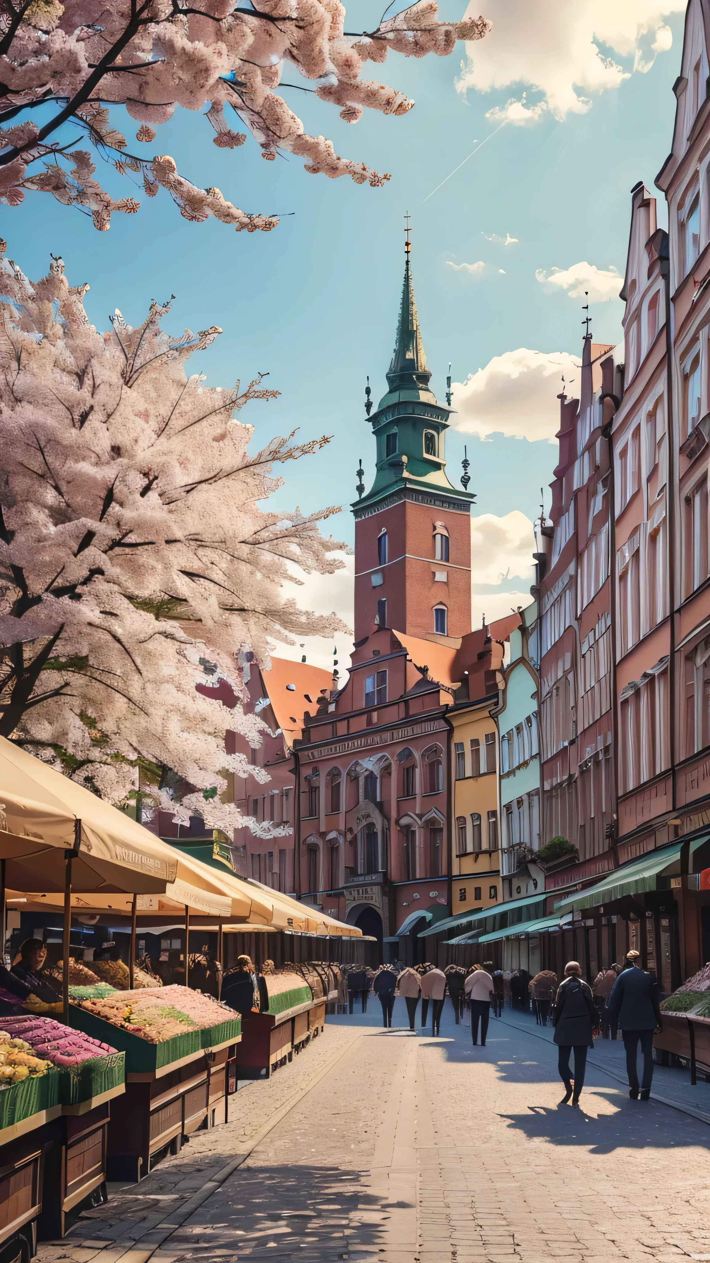  photos of Wroclaw by a professional photographer , Poland: In Wroclaw 、 A bustling market square heralds the arrival of spring ,  where the iconic flower market is blooming with colorful flowers,  The historic island of Tumski is surrounded by cherry blossoms ,  Create a picturesque urban retreat . ,
Wide angle, landscape , 
 photorealism,Unreal 5 DAZ,  extremely detailed  ,(( holds an ultra sharp )),(( masterpiece)),((最 high quality)),((Ultra Detailed Ed )),(( intricate details )),  extremaly detailed background ,  surreal ,32K, RAW Photo, 8k , DSLR, Soft Lighting , high quality, Film Grain,  beautiful and aesthetic, extremely detailed , Natural Shadows,