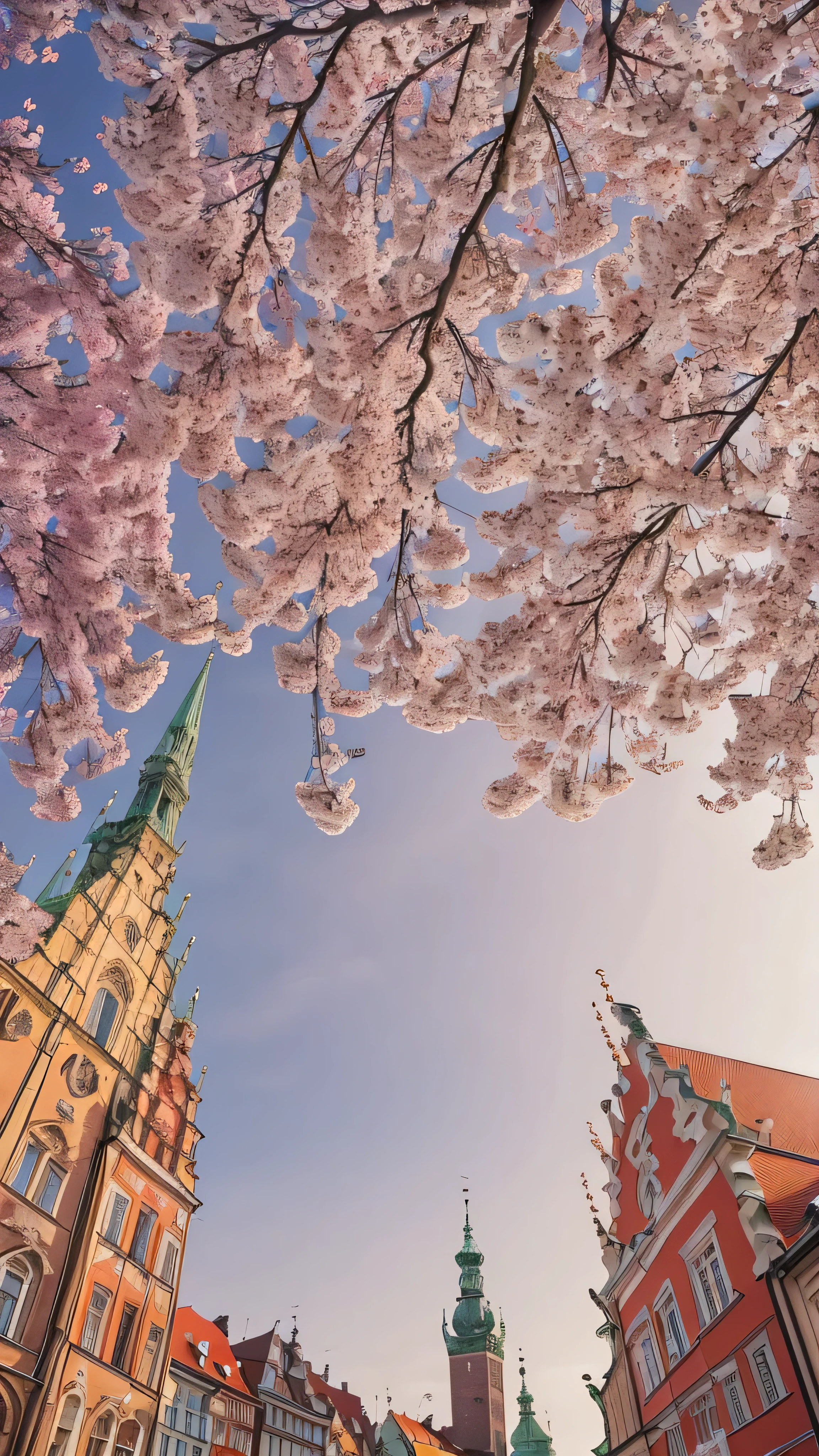 photos of Wroclaw by a professional photographer , Poland: In Wroclaw 、 A bustling market square heralds the arrival of spring , where the iconic flower market is blooming with colorful flowers, The historic island of Tumski is surrounded by cherry blossoms , Create a picturesque urban retreat ., Wide angle, Scenery, photorealism,