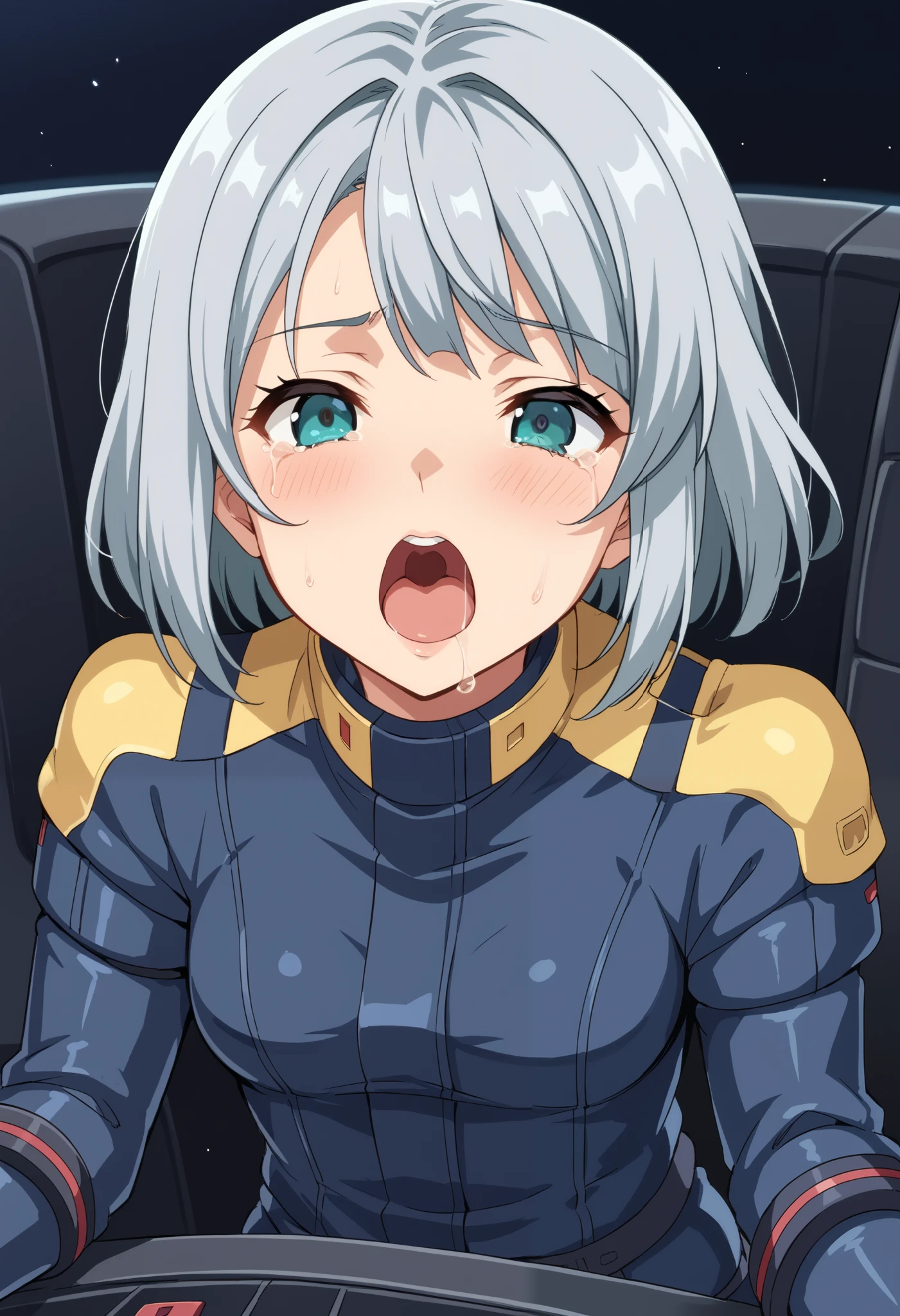 score_9, score_8_up , source_anime,  1girl , zgundam pilotsuit, black pilotsuit、 gray hair、 cockpit in the background、 sits in the cockpit、 crying face、 I'm screaming with my mouth open 、