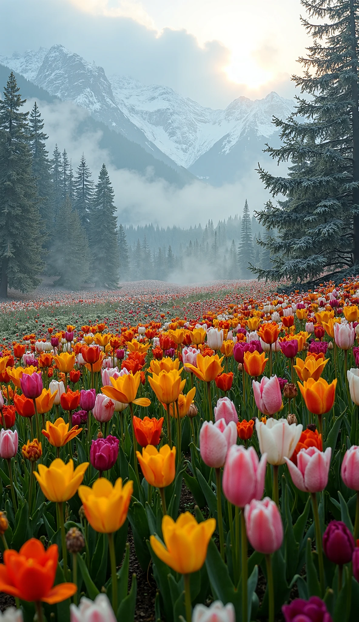 There is a field of flowers with mountains in the background - SeaArt AI
