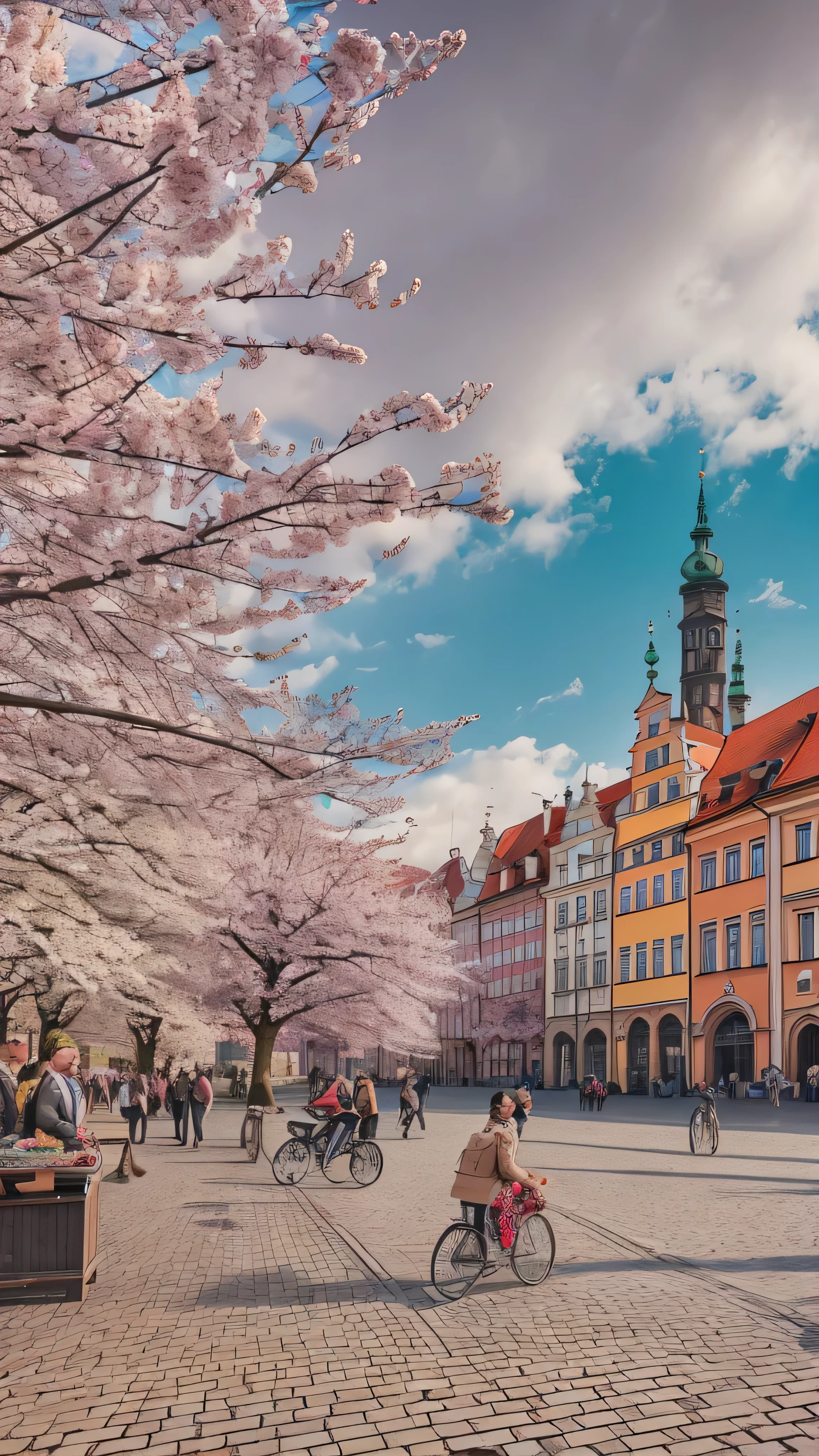 photos of Wroclaw by a professional photographer , Poland: In Wroclaw 、 A bustling market square heralds the arrival of spring , where the iconic flower market is blooming with colorful flowers, The historic island of Tumski is surrounded by cherry blossoms , Create a picturesque urban retreat ., Wide angle, Scenery, photorealism,