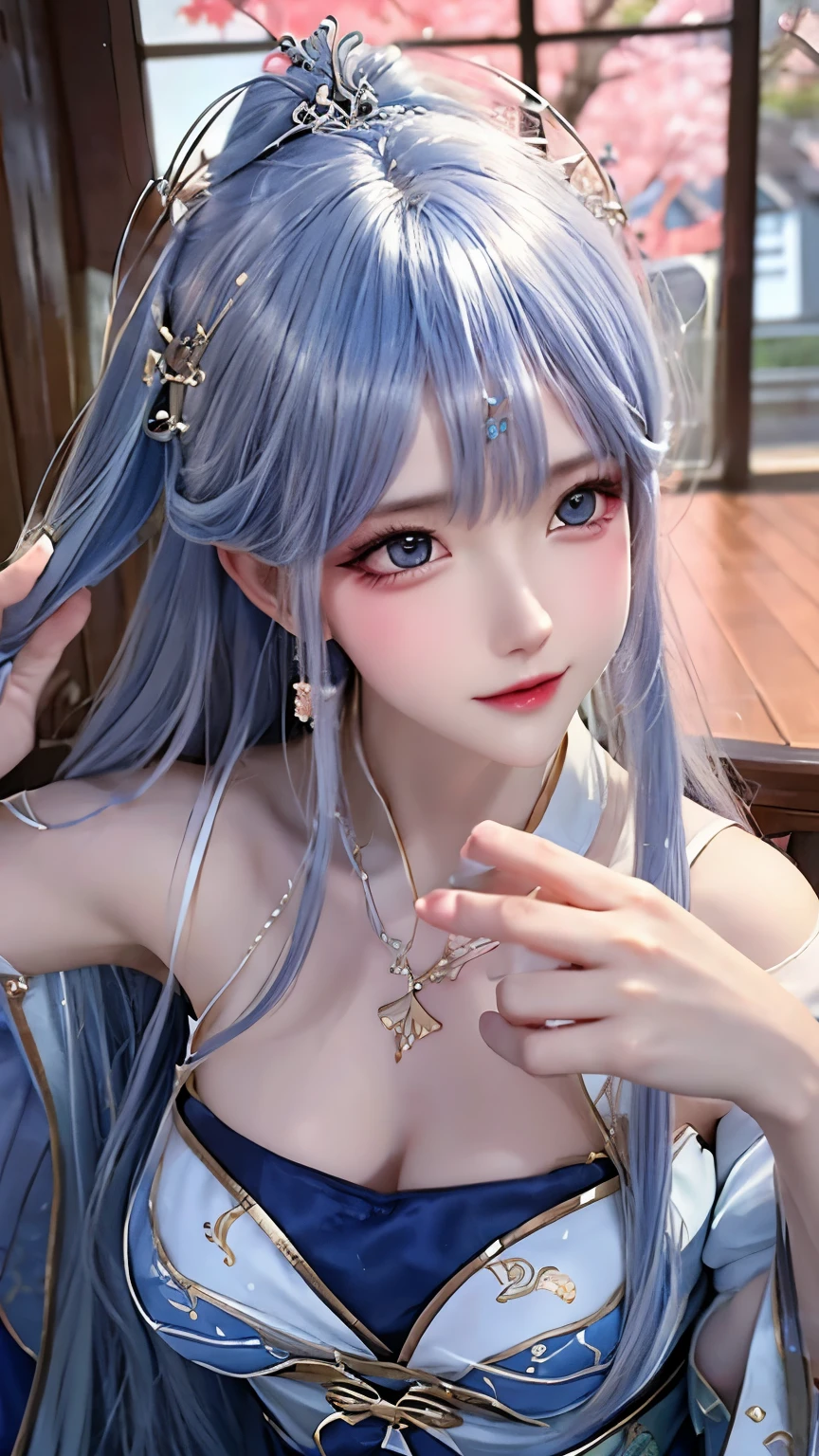“A long silver-haired woman’s close-up portrait, wearing a soft blue dress ancient chinese hanfu like a goddess that frames her body, sitting on clear water with flying cherry petals, realistic details on skin and fabric, dramatic lighting, background of cherry trees, quiet and charming atmosphere, ultra-detailed, 8k resolution.”Unreal Engine, change clothes into bluish white goddess hanfu