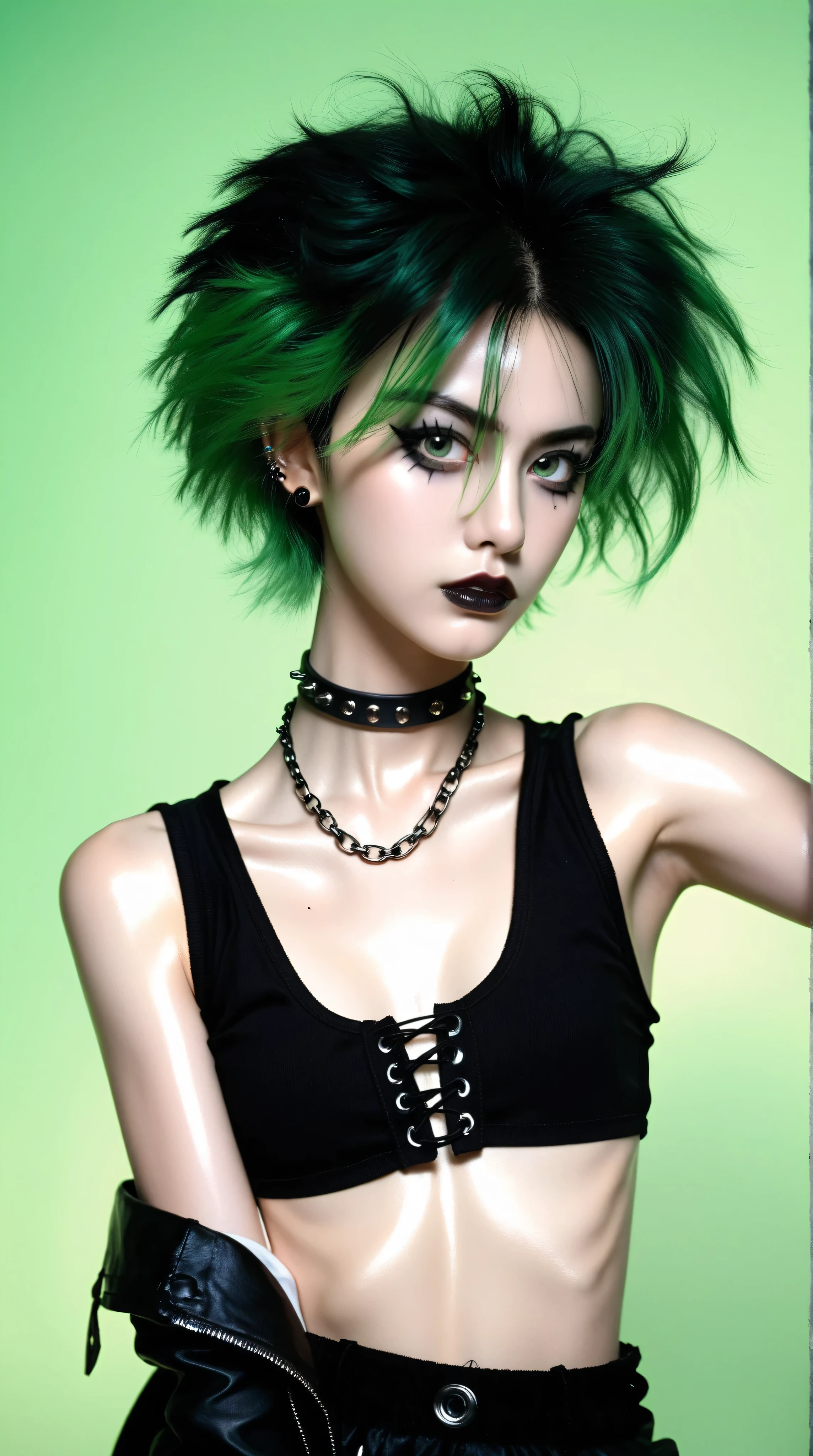 (best quality, 8K, 32K, masterpiece, Ultra HD:1.2),Photos of 18-year-old American beauties,, Super Short Straight Bob Hairstyle,Upper Body,Face Focus,(Oversized_Vest,:1.1) necklace, Horror background with skull, Looking at the audience, Lean forward, Scar on collarbone (((Green Hair,Green bangs))), (((Vibrant light black eyes))) (((Award details)) ((Avatar makeup and pop star clothing)))