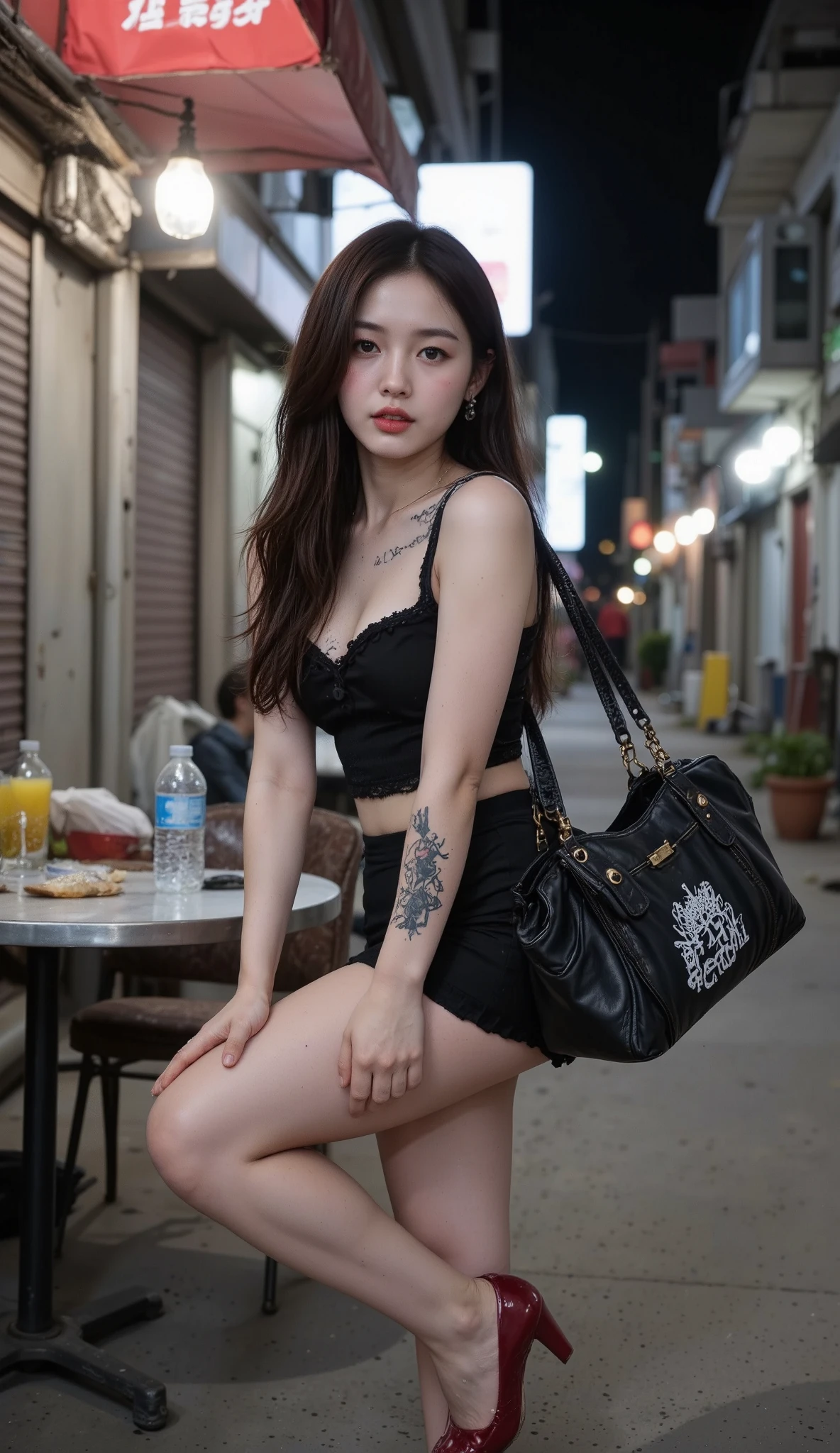 NSFW,
Film camera depiction,
Taken with a high-dispersion high-end lens,
Wide-angle lens,
Full-body shot,
at night,
A beautiful Korean girl is attracting customers at in the slums,
Her face has large burn scars,
((The burn scars have become ugly keloid scars)),
She was a member of a Korean idol group but retired due to her burns,
Before she ended up in this slum, she was used by bad people and had scars all over her body,
She has many tattoos,
One of them is a picture of poop,
Another has the words "Sluty Arin" carved into it,
In the slums, she became very dirty,
She has lots of bumps and pimples on her skin,
She wears tube top and short skirt that look like rags,
She smells like filth,
She is high on drugs,
She does not refuse any sexual acts,
She will even have sex with a dog,
hovels and two- or three-storey rundown apartments built close together,
very narrow alleys where it's difficult for people to pass each other,
used condom,
she is second hands,