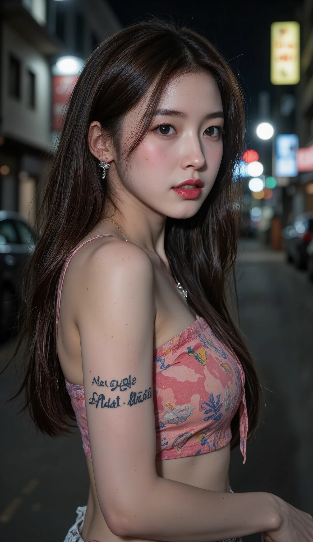 NSFW,
Film camera depiction,
Taken with a high-dispersion high-end lens,
Wide-angle lens,
Full-body shot,
at night,
A beautiful Korean girl is attracting customers at in the slums,
Her face has large burn scars,
((The burn scars have become ugly keloid scars)),
She was a member of a Korean idol group but retired due to her burns,
Before she ended up in this slum, she was used by bad people and had scars all over her body,
She has many tattoos,
One of them is a picture of poop,
Another has the words "Sluty Arin" carved into it,
In the slums, she became very dirty,
She has lots of bumps and pimples on her skin,
She wears tube top and short skirt that look like rags,
She smells like filth,
She is high on drugs,
She does not refuse any sexual acts,
She will even have sex with a dog,
hovels and two- or three-storey rundown apartments built close together,
very narrow alleys where it's difficult for people to pass each other,
used condom,
she is second hands,