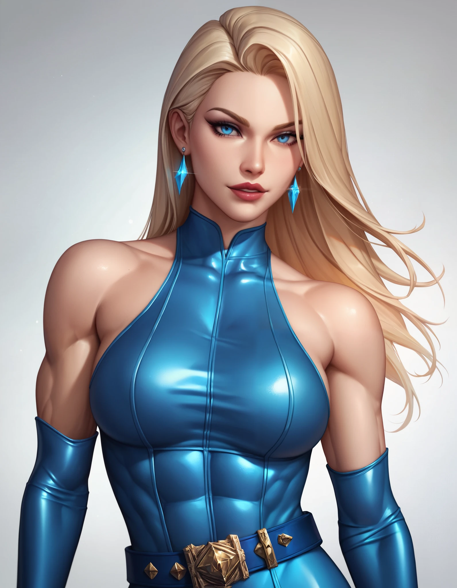 A superheroine with a long, voluminous and flowing blonde hair, blue colored eyes, athletic body with muscular legs, big boobies, crossed arms, with serious expression, wearing a fitted white mandarin collar with long sleeves and partially open front zipper, white long boots, a choker with a red heart, Full-body image. Smooth digital art, detailed strokes with oil shading, highlighting your muscles and determined posture. 