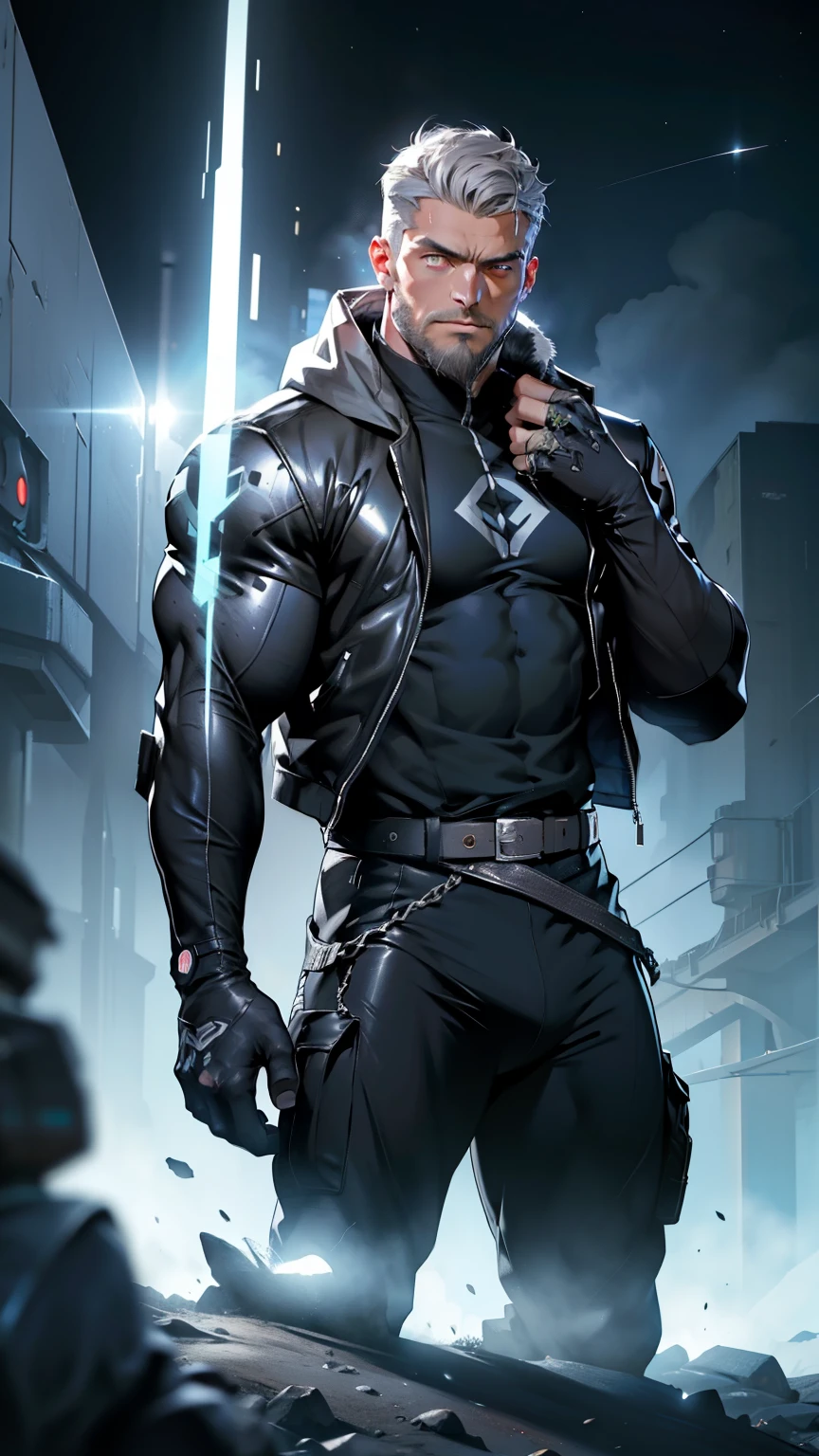  ( full length) A wild   Muscular man, сексуальный bad,  2 meters Height , thin body , (30-year-old man   :1.3),  One,     metal tight suit  ,  liquid shiny metal   ,   metal slime  ,  glove belt ),  glove belt,  very large realistic hill, neon stripes,  gray hair,   shaved whiskey, (Big influence ),   Muscular,  bad , bristle,    short beard, (   detailed face :1.3), (   white glowing eyes:1.2) ,    ambient light  , (   high quality  ,    High definition  ,    photorealistic ),    cinematic lighting   ,   Masterpiece ,  RAW Photo,    complicated details , HDR,    depth of field    ,   with space  ,  wonderful place ,     energy threads around the body  