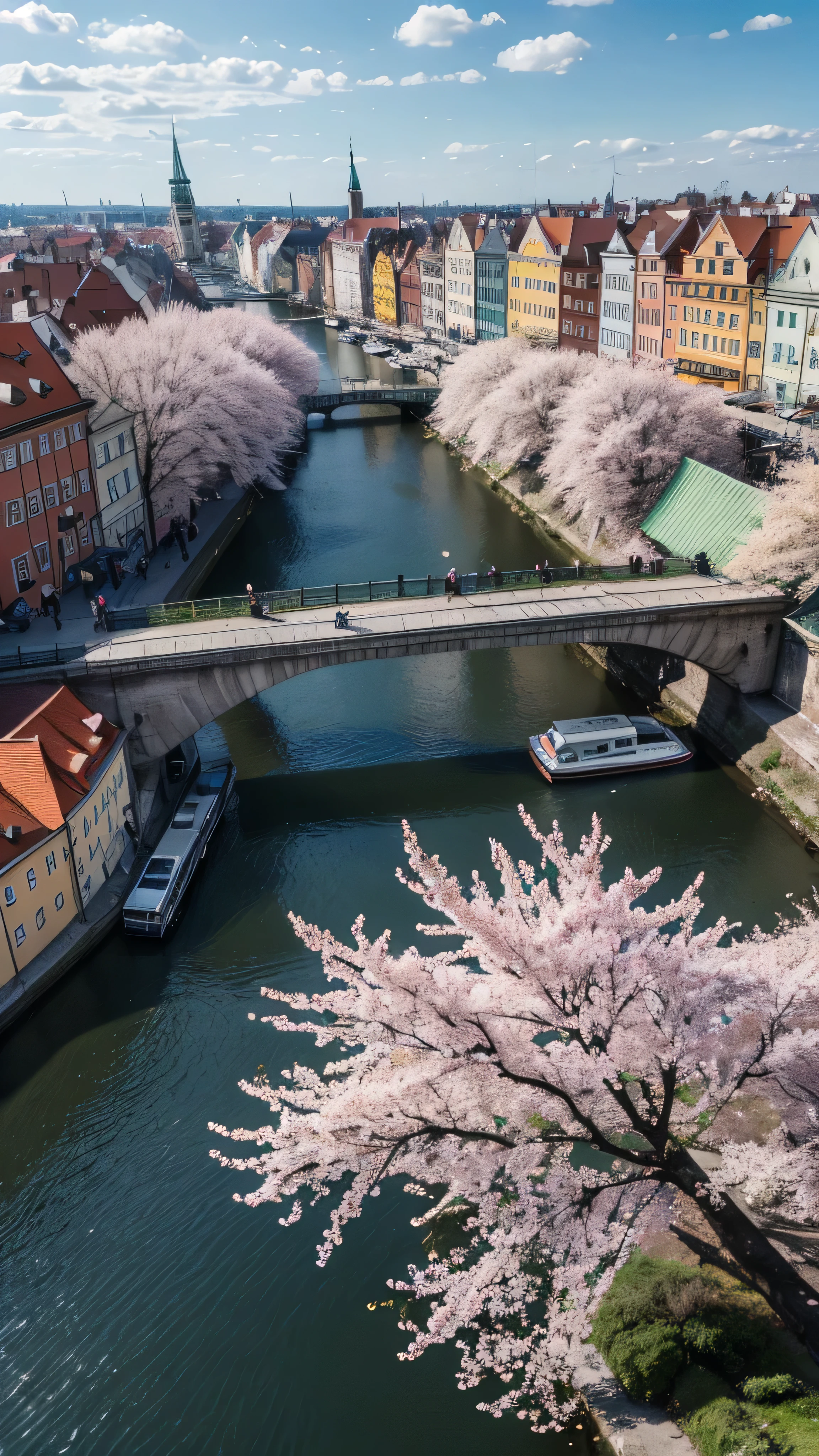 in high-definition images、Poland cityscape。 photos of Wroclaw by a professional photographer , Poland: In Wroclaw 、 A bustling market square heralds the arrival of spring , where the iconic flower market is blooming with colorful flowers, The historic island of Tumski is surrounded by cherry blossoms , Create a picturesque urban retreat ., Wide angle, Scenery, photorealism,