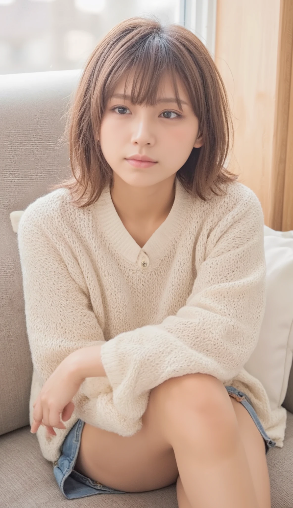  heart that fits her body in an apartment in Tokyo、Inside an apartment in TokyoＶWear a neck sweater、Wear a denim miniskirt and look like you can see the pants、A woman with tanned brown skin and long silver hair in a ponytail is sitting on the sofa and looking up at me、 I can see cleavage、A room in an apartment full of sense of life、Photorealistic image with a composition showing the whole body from above、Accurate portrayal of people、Accurate 