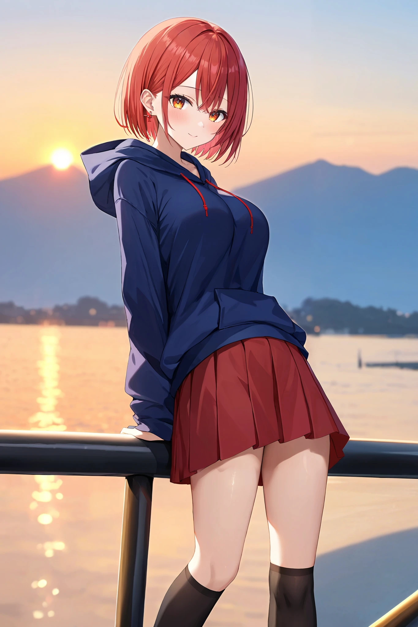 sawaki rinna,  Hi-Res,  Masterpiece,  very detailed,  1 Japanese Woman ,

short bob hair,Light red hair, dark orange eyes , 
breasts, large breasts, 
clothing( dark blue hoodie ,  red skirt,  black knee-high socks, red piercing in the right ear), 

sunset, Orange Sky, I'm riding a bike ,  Cross your arms behind your back, peek-through style ,  Yan in focus, 