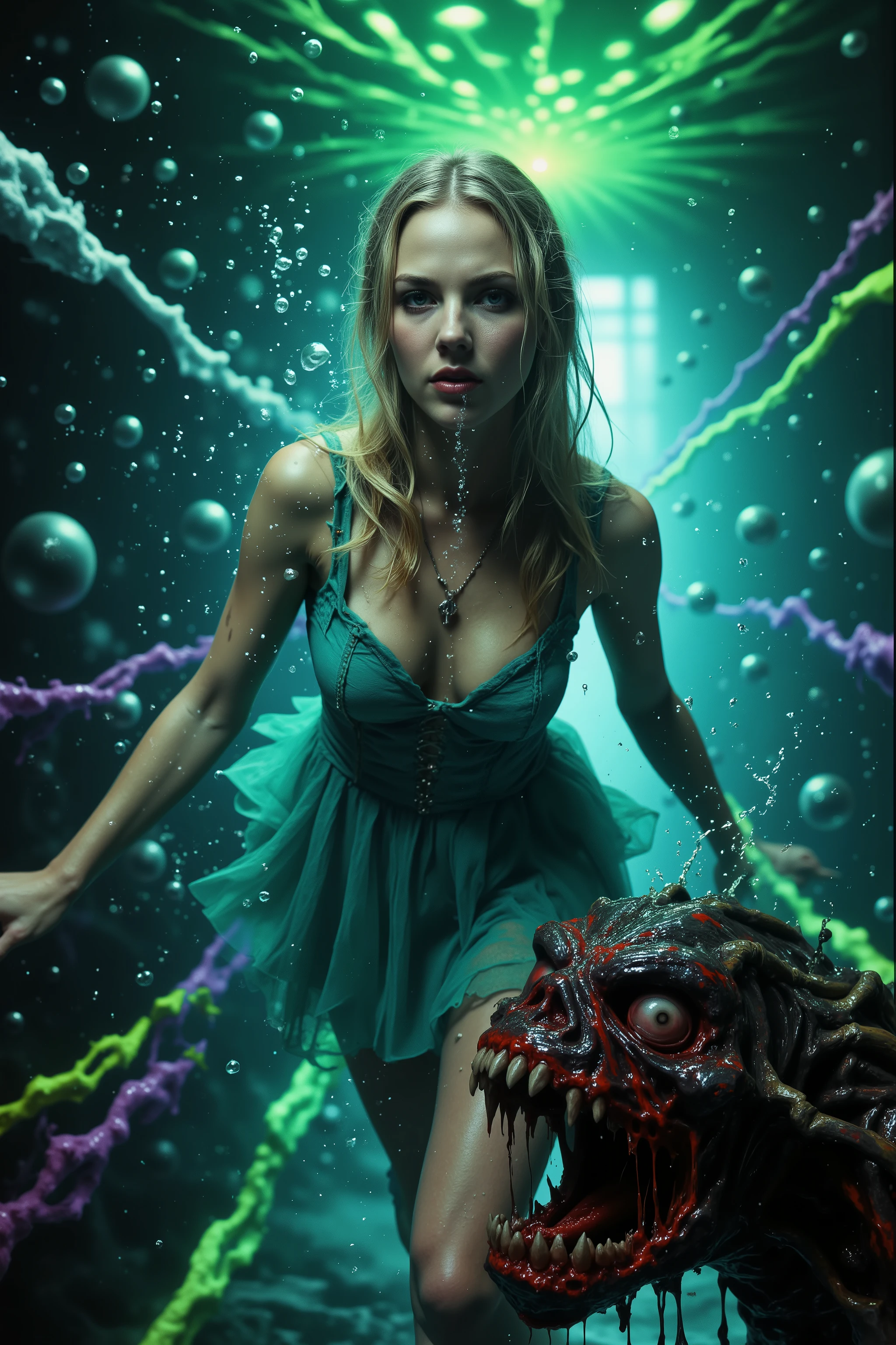 Ultraviolet bright glow and shine reflects off of all objects in this image. Blonde young woman, very attractive, her dress is glowing with ultraviolet light. The edge of a moment is caught when a woman is about to be torn apart. She stares directly at the viewer as she moves underwater with air bubbles coming out of her nose. Behind her, a  monsterous sea creature rushes forward with hate in it's eyes and large sharp teeth exposed. Glowing reflective bubbles with color push out of the gorgeous looking woman, psychedelic underwater brightness, trails of color and light, bright fluorescent colors, psychedelic vibrant colors, bright psychedelic neon colors, blood is about to gush out of her. A moment before a horrific death. Visually disturbing, hallucination inducing, optical illusions, startling, stunning images, awe-inspiringly, best quality, ultra realistic, portrait photography, surrealism, photorealistic, hyper detailed, sparkle, optical illusion, glowing light, reflection light, overexposure, god rays, backlighting, depth of field, rotational symmetry, UHD, high details, high quality, super detailed, best quality, award winning, Masterpiece. Super bright neon Colors.** incorporate bright neon green, neon blue, neon purple, neon yellow, &blood red**Extreme fear in the woman's eyes. 