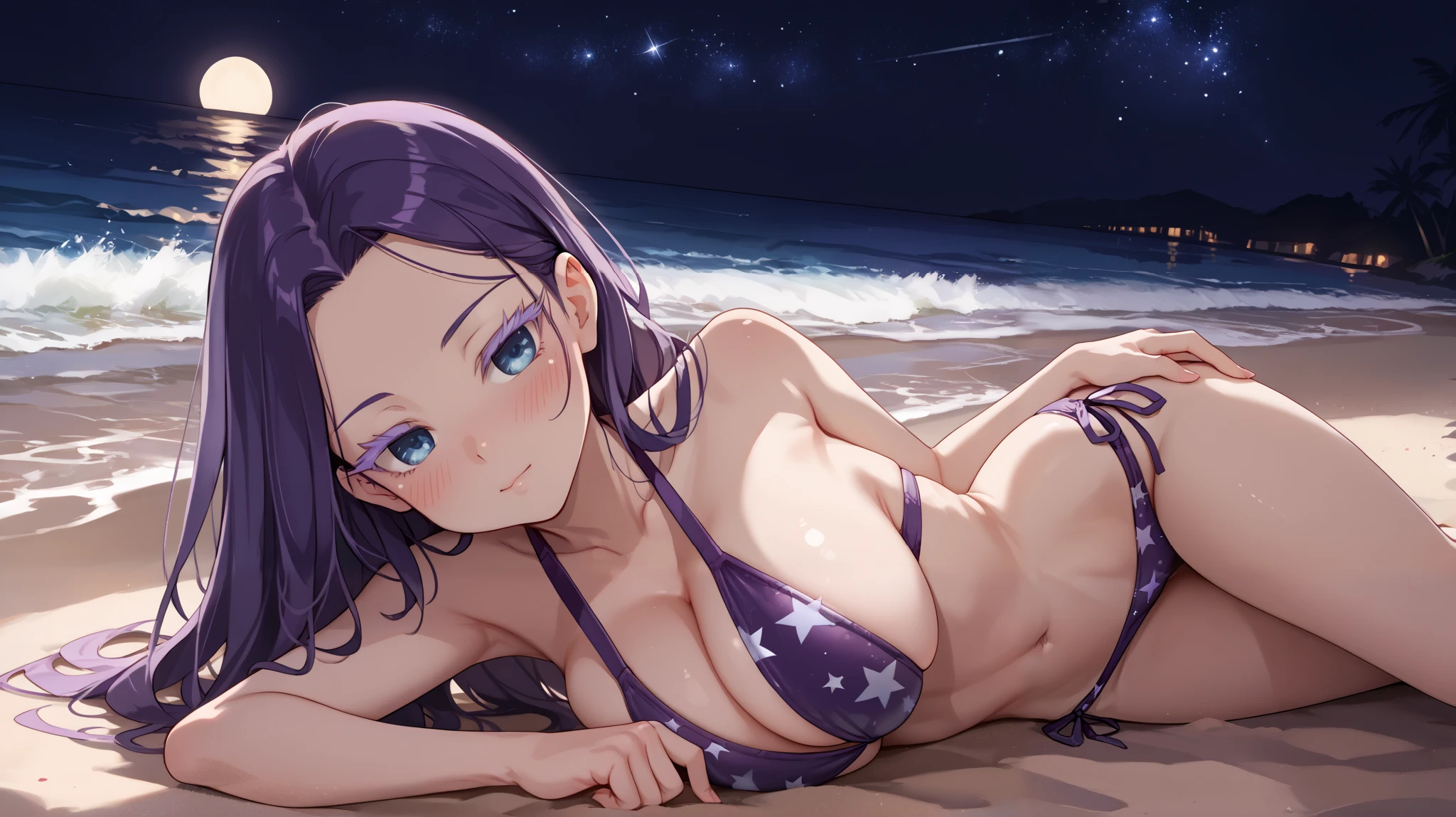 Girl in blue bikini sitting on the moon