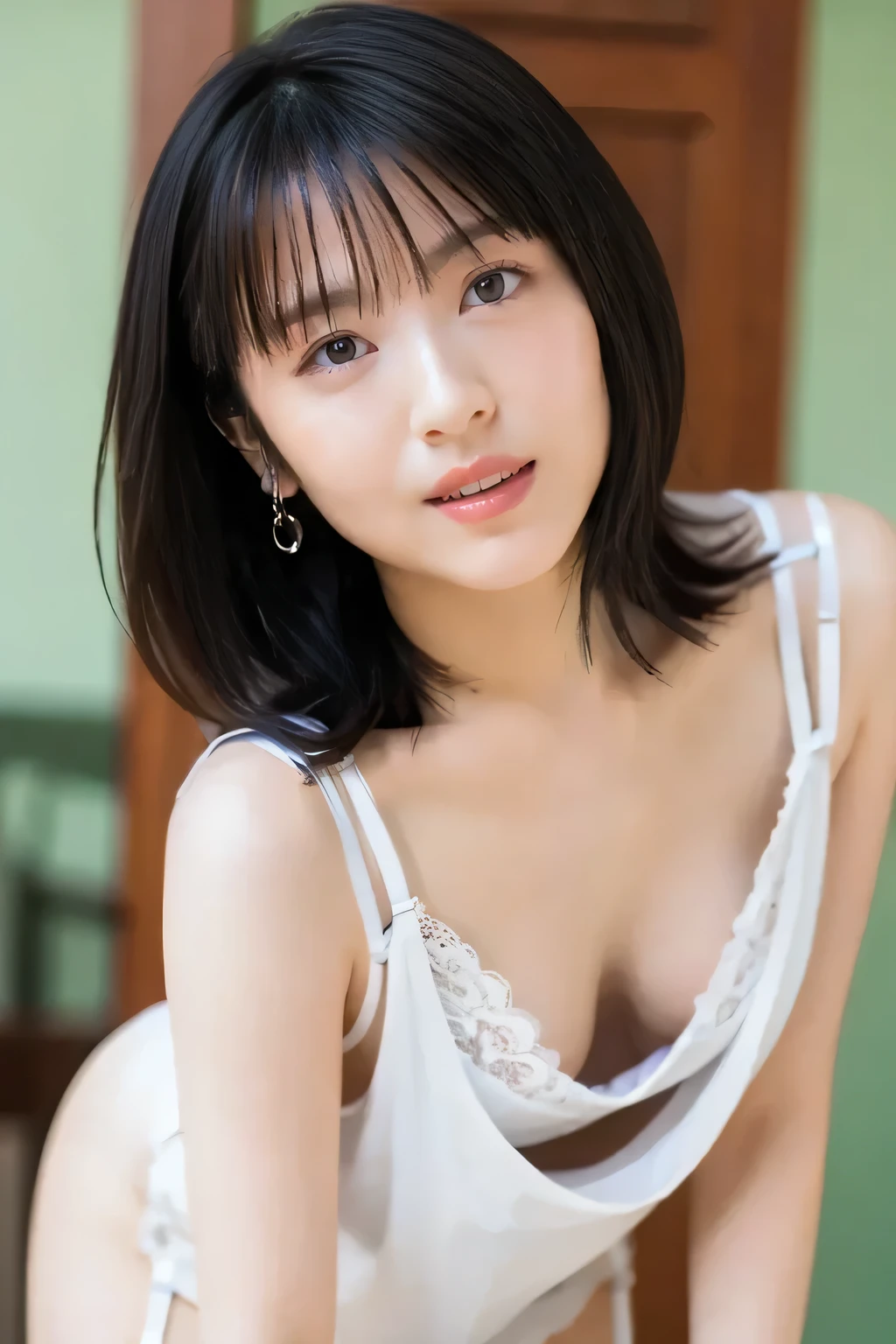 a lot of details, (underweight), 30 years old, detailed black hair, beautiful detailed hair, super fucking beautiful, delicate beautiful face, complex details beautiful and delicate eyes, perfect hands, (flat chest best quality:1.5), perfect and delicate limbs, detailed skin, best quality, ultra-detailed,(cheerful grin:1.3), whole body, Top view, squatting, short hair with long locks, short sleeves, (downblouse:1.7),short shorts, overexposure, beautifuly color Clothes, falling petals,
