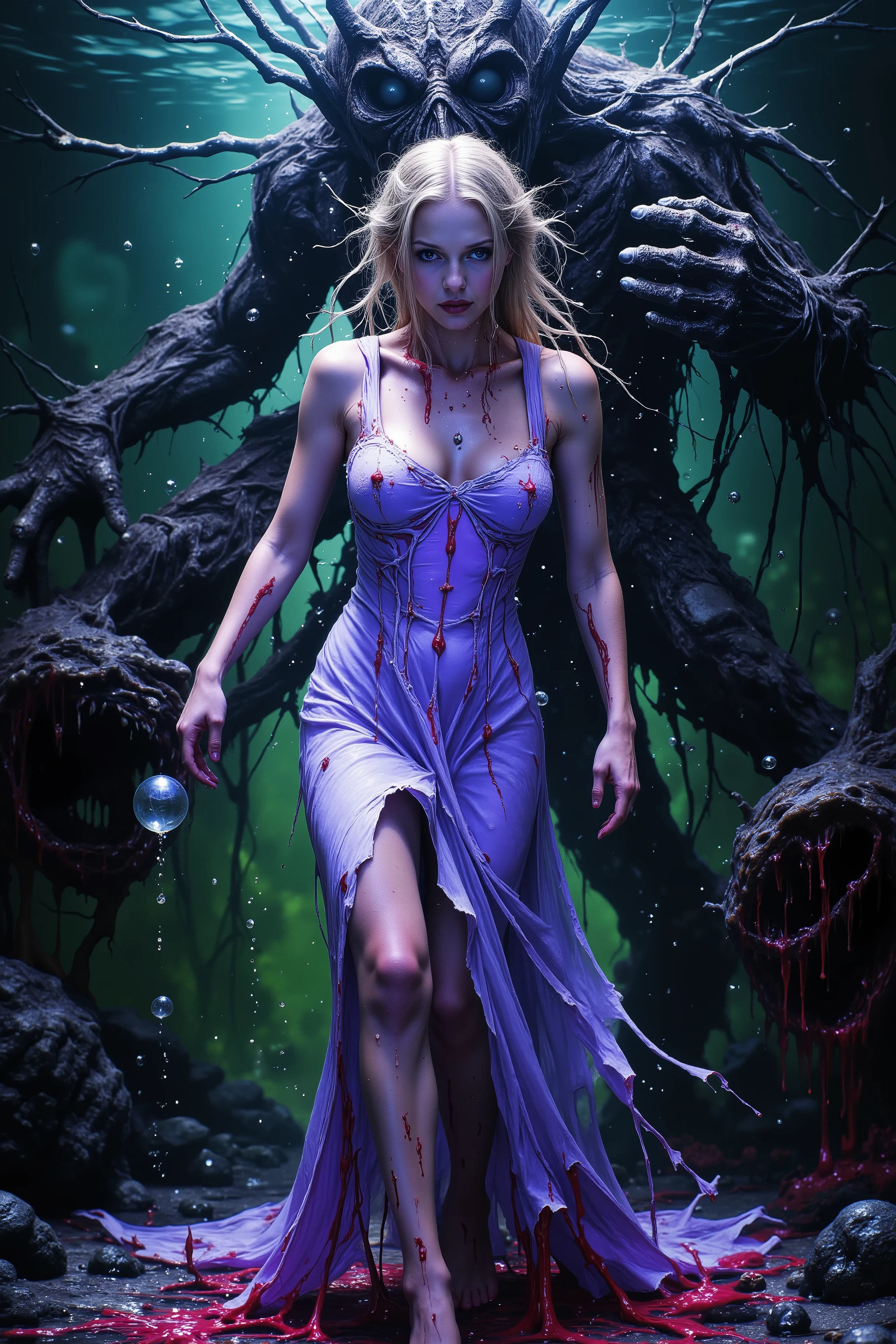 Ultraviolet bright glow and shine reflects off of all objects in this image. Blonde young woman, very attractive, her dress is glowing with ultraviolet light. The edge of a moment is caught when a woman is about to be torn apart. She stares directly at the viewer as she moves underwater with air bubbles coming out of her nose. Behind her, a monsterous sea creature rushes forward with hate in it's eyes and large sharp teeth exposed. Glowing reflective bubbles with color push out of the gorgeous looking woman, psychedelic underwater brightness, trails of color and light, bright fluorescent colors, psychedelic vibrant colors, bright psychedelic neon colors, blood is about to gush out of her. A moment before a horrific death. Visually disturbing, hallucination inducing, optical illusions, startling, stunning images, awe-inspiringly, best quality, ultra realistic, portrait photography, surrealism, photorealistic, hyper detailed, sparkle, optical illusion, glowing light, reflection light, overexposure, god rays, backlighting, depth of field, rotational symmetry, UHD, high details, high quality, super detailed, best quality, award winning, Masterpiece. Super bright neon Colors.** incorporate bright neon green, neon blue, neon purple, neon yellow, &blood red**Extreme fear in the woman's eyes.
