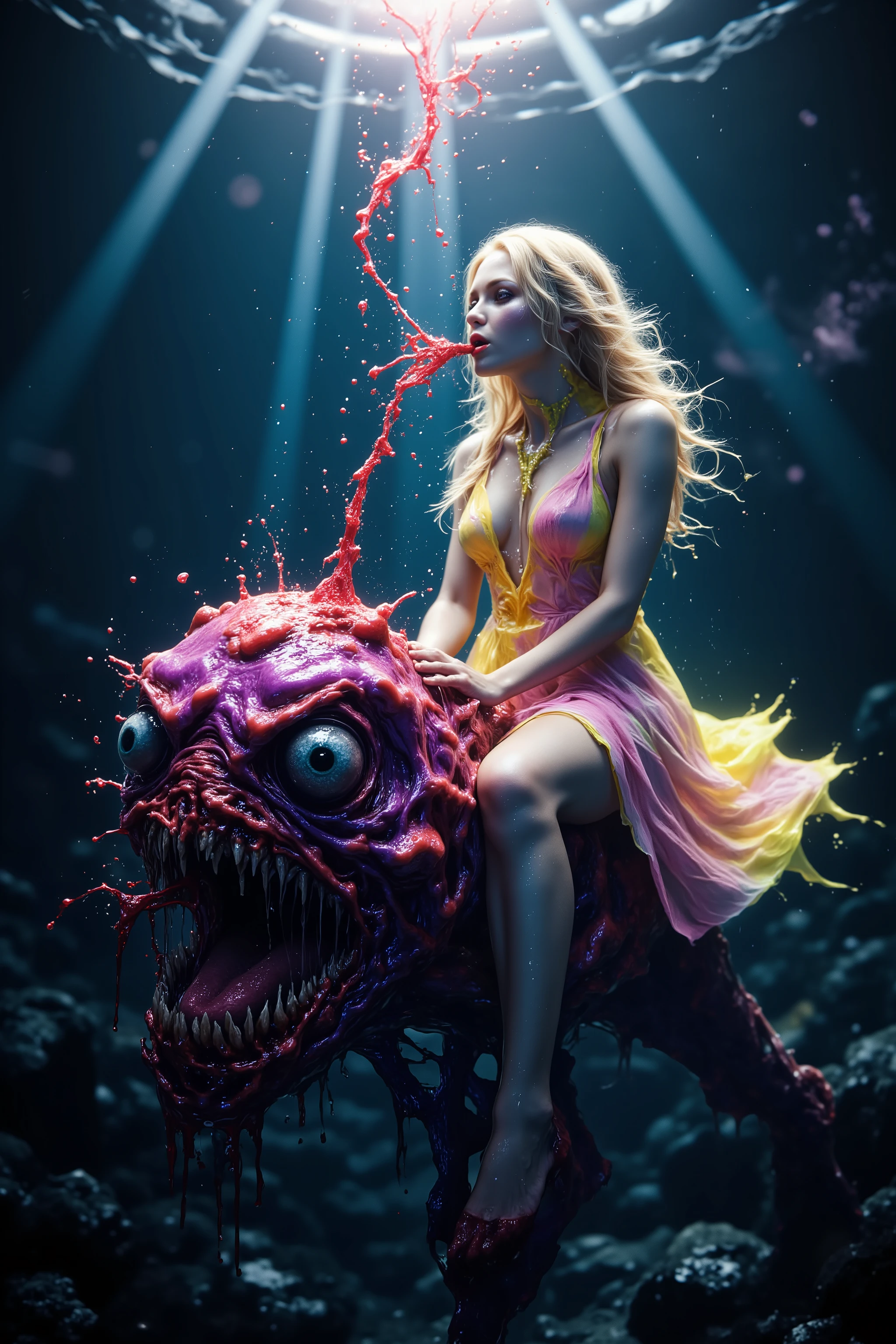 Ultraviolet bright glow. Blonde woman, young, very attractive, her dress is glowing with ultraviolet light. The edge of a moment is caught when a woman is seen riding on the back of a hideous sea creature with very large hateful eyes and large sharp teeth exposed. Glowing reflective bubbles with color push out of the mouth and nose of the gorgeous looking woman, psychedelic underwater brightness, trails of neon color reflecting off her dress. Visually disturbing, hallucination inducing, optical illusions, startling, stunning images, awe-inspiringly, best quality, ultra realistic, photorealistic, hyper detailed, sparkle, optical illusion, glowing light, reflection light, overexposure, god rays, backlighting, depth of field, rotational symmetry, UHD, high details, high quality, super detailed, best quality, award winning, Masterpiece. Super bright neon Colors.** incorporate bright neon green, neon blue, neon purple, neon yellow, &blood red**
