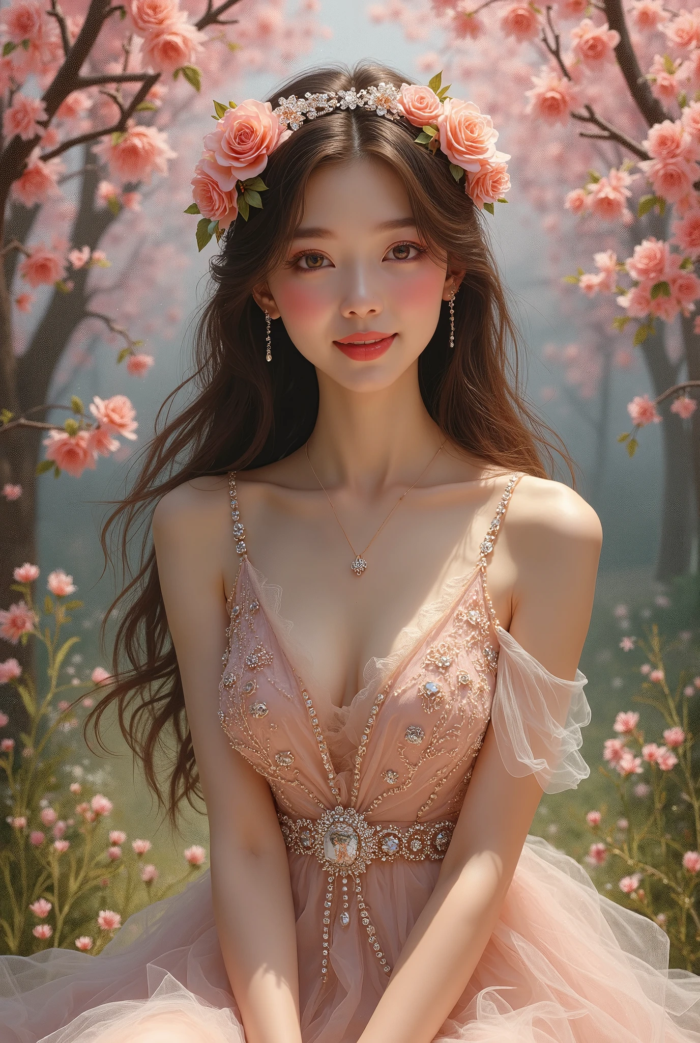 Beautiful supermodel woman, Mysterious atmosphere,goddess,It feels like you can use special abilities,Beautiful background,AI Images,Up from the upper body,Spiritual atmosphere,Use lots of beautiful flowers,Gaze forward,Please smile kindly,1people,大peopleっぽく