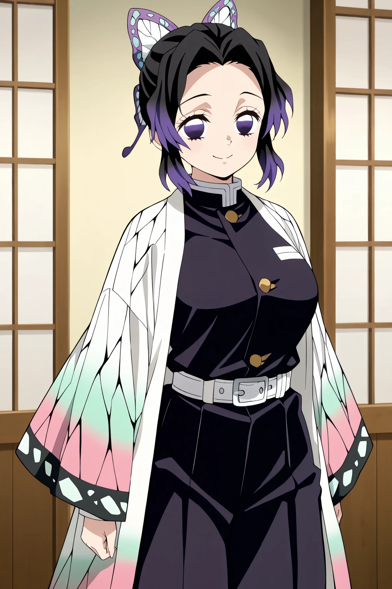1girl,

shinobu kochou, animal print, black hair, butterfly hair ornament, butterfly print, forehead, gradient hair, hair ornament, haori, multicolored hair, parted bangs, purple hair, short hair, two-tone hair,
belt, black pants, butterfly print, coat, demon slayer uniform, haori, japanese clothes, pants, uniform,large breast,

 body,cowboy shot,from front,

happy smile,

electile nipples through clothes, 



 (extremely detailed CG,masterpiece, highres icon,absurdres,4K),

