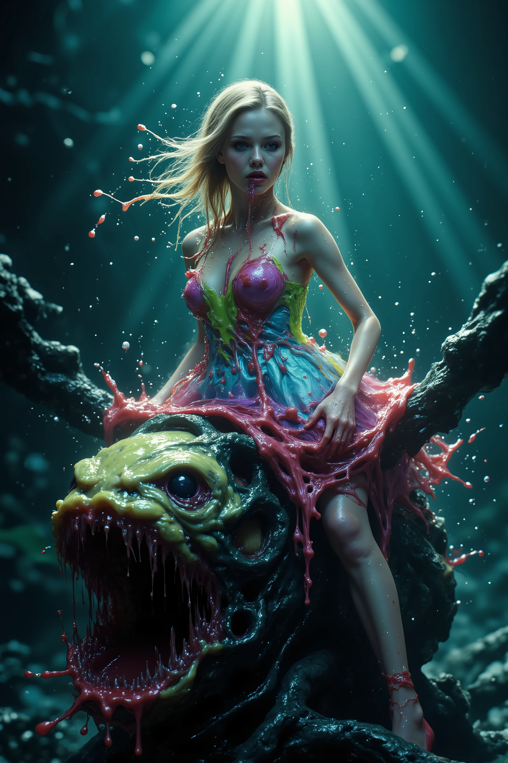 Ultraviolet bright glow. Blonde woman, young, very attractive, her dress is glowing with ultraviolet light. The edge of a moment is caught when a woman is seen riding on the back of a hideous sea creature with very large hateful eyes and large sharp teeth exposed. Glowing reflective bubbles with color push out of the mouth and nose of the gorgeous looking woman, psychedelic underwater brightness, trails of neon color reflecting off her dress. Visually disturbing, hallucination inducing, optical illusions, startling, stunning images, awe-inspiringly, best quality, ultra realistic,  photorealistic, hyper detailed, sparkle, optical illusion, glowing light, reflection light, overexposure, god rays, backlighting, depth of field, rotational symmetry, UHD, high details, high quality, super detailed, best quality, award winning, Masterpiece. Super bright neon Colors.** incorporate bright neon green, neon blue, neon purple, neon yellow, &blood red** 