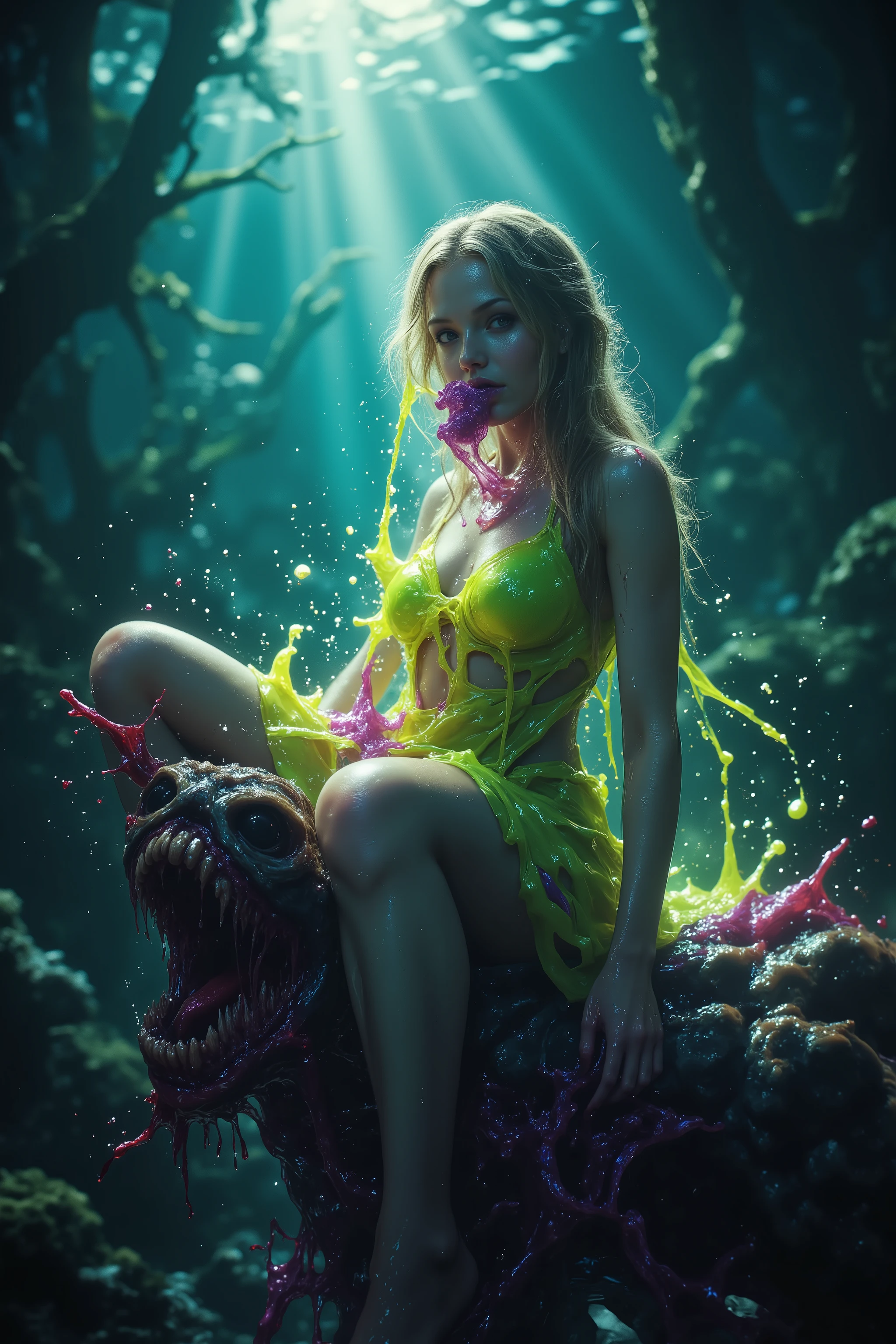 Ultraviolet bright glow. Blonde woman, young, very attractive, her dress is glowing with ultraviolet light. The edge of a moment is caught when a woman is seen riding on the back of a hideous sea creature with very large hateful eyes and large sharp teeth exposed. Glowing reflective bubbles with color push out of the mouth and nose of the gorgeous looking woman, psychedelic underwater brightness, trails of neon color reflecting off her dress. Visually disturbing, hallucination inducing, optical illusions, startling, stunning images, awe-inspiringly, best quality, ultra realistic,  photorealistic, hyper detailed, sparkle, optical illusion, glowing light, reflection light, overexposure, god rays, backlighting, depth of field, rotational symmetry, UHD, high details, high quality, super detailed, best quality, award winning, Masterpiece. Super bright neon Colors.** incorporate bright neon green, neon blue, neon purple, neon yellow, &blood red** 