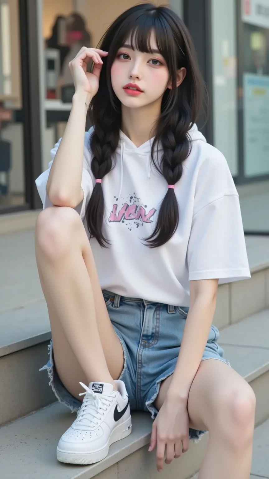 "K-pop style women'Realistic image、Korean Beauty, length, ウェーブのかかったBlack Hair. she、Wearing a white Nike short-sleeve hoodie sitting on the steps of a shopping mall., Wear short jeans、White Nike sneakers. One Girl, she疲れている, Left hand on head、Black Hair, Best Quality,