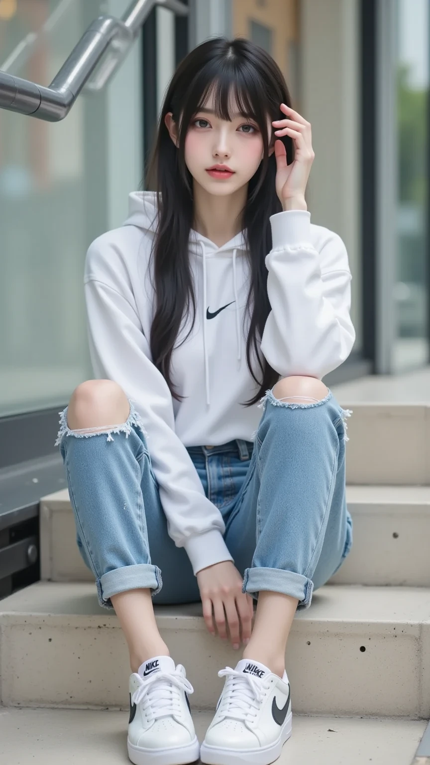 "K-pop style women'Realistic image、Korean Beauty, length, ウェーブのかかったBlack Hair. she、Wearing a white Nike short-sleeve hoodie sitting on the steps of a shopping mall., Wear short jeans、White Nike sneakers. One Girl, she疲れている, Left hand on head、Black Hair, Best Quality,