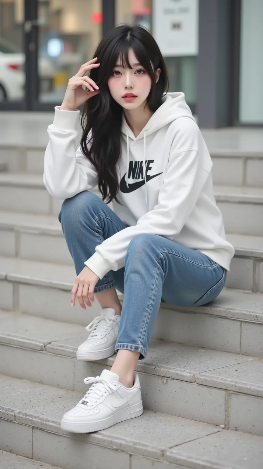 "K-pop style women'Realistic image、Korean Beauty, length, ウェーブのかかったBlack Hair. she、Wearing a white Nike short-sleeve hoodie sitting on the steps of a shopping mall., Wear short jeans、White Nike sneakers. One Girl, she疲れている, Left hand on head、Black Hair, Best Quality,