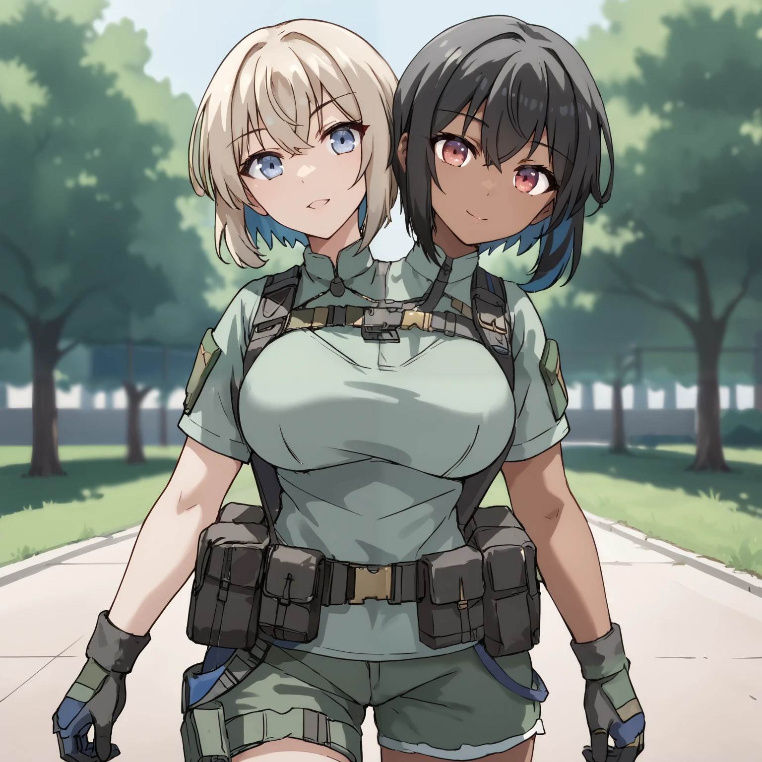 2heads, twoheads, a tall thin woman with 2 heads, white hair, black hair, blue eyes, red eyes, half dark skin and light beige skin, two tone skin, light beige skin, dark skin, short hair, green combat shirt, black bike shorts, gloves, tactical gear, large breasts, front shots, park, upper body