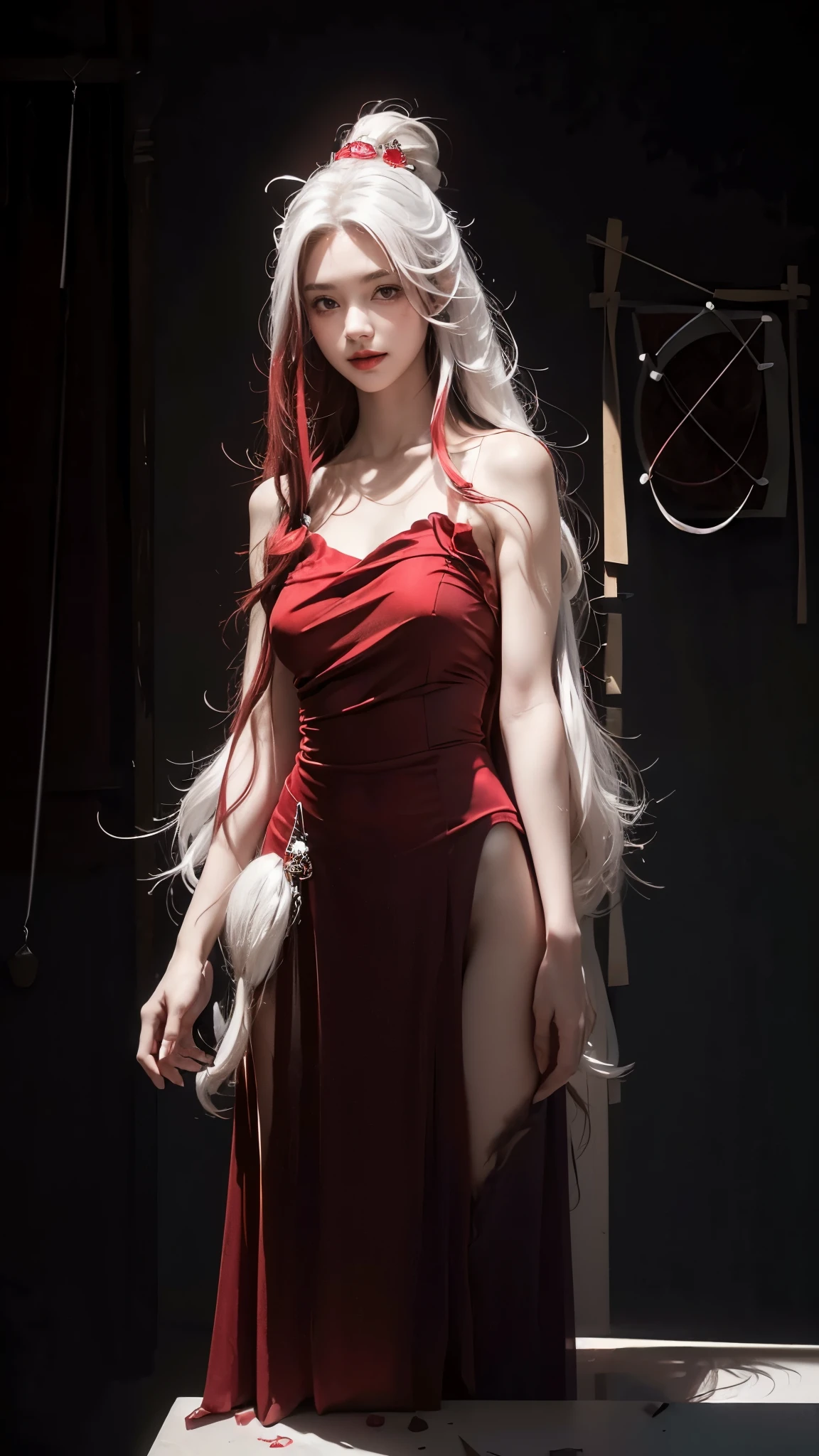 HD photos,lifelike,Ultra high resolution large files,8K high quality wallpaper,10x pixels,CG wallpaper,細節Clearlifelike,top female portraits,Ultra-fine,Ultra-fine details:1.1,Advanced technical details:1.1,dynamic poses,vampire woman,美麗Sexy女人,一個Sexy成人,Royal sister style,mixed race women,long white and silver hair,他有一头long white and silver hair,Clearlifelike的头发,Clear的髮絲,Exquisite eyelash makeup,Be careful with your eyes and face,beautiful narrow eyes,thin eyebrows,super detailed eyes,美丽Sexy大红唇,mature face,Exquisite face makeup,detailed facial work,, pretty face, perfect facial proportions,(Advanced facial details:1.1)perfect body shape,perfect body proportions,Uneven body shape,mannequin,Glittery Liquid Red Luxury Dress Collection,Bright red sequined dress,Bright red sequined coat,Shiny,tight long skirt,Summer sexy hip-hugging fishtail sleeveless commuter maxi skirt,Horse socks 100%Oil Pastel Tray Glossy Silk Surface 8D Black Silk Women's,High heel,Gloves,beautiful long dress,beautiful clothes,Big red series,High fashion clothing series,dress photography,Authentic clothing items,Slim,Sexy,jewelry,necklace,ear nipple ring,bracelet,indoor background,In the banquet hall,female artwork,full body view,dress goddess,Reality感,amazing (Korean idol face)adult photography,Big red series,Bright red satin dress,Reality攝影,Reality、Clear,fashion art,dress goddess,female artwork,full body view,fantasy art,First class boutique,High level of detail engineering