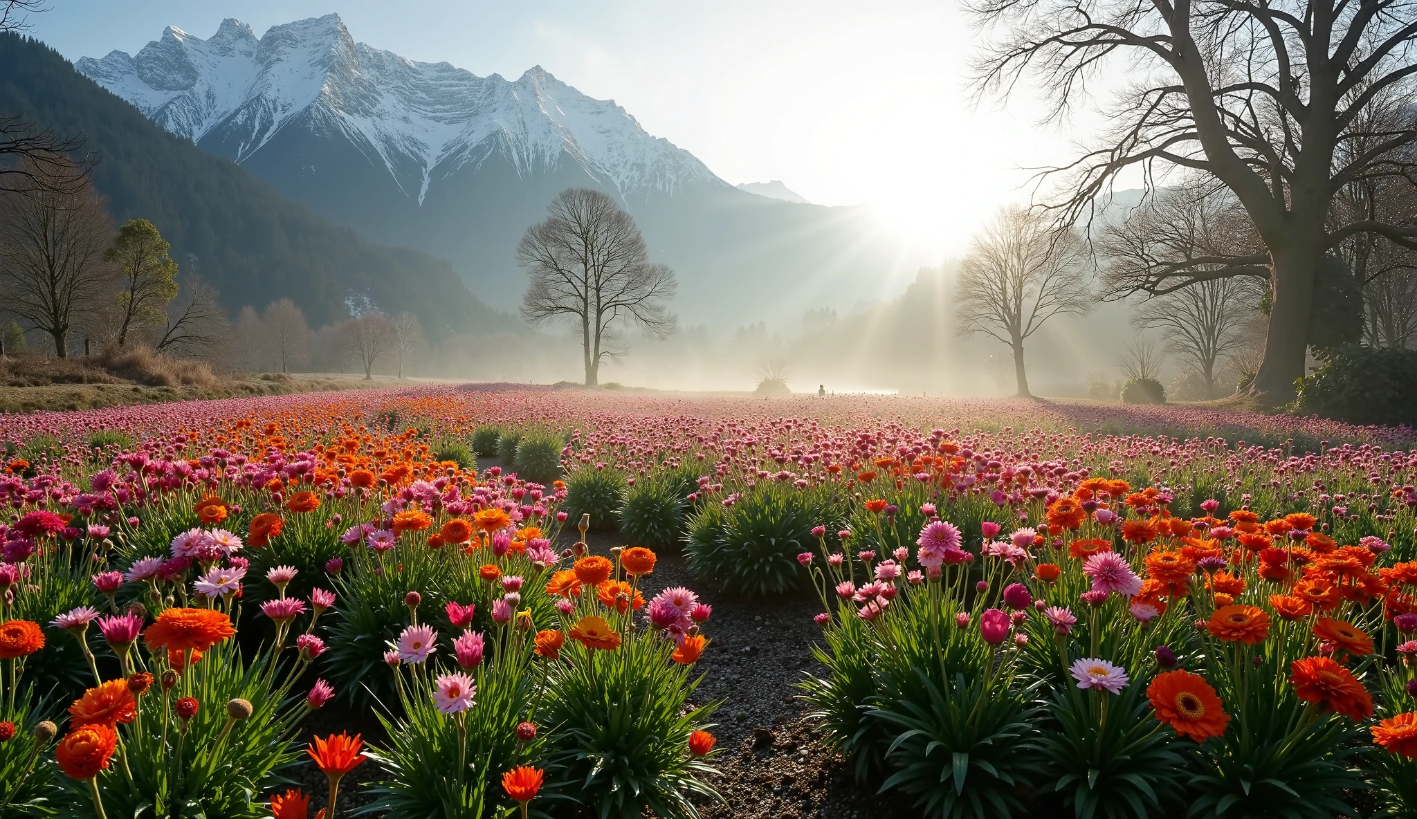 Flowers in a field with mountains in the background - SeaArt AI