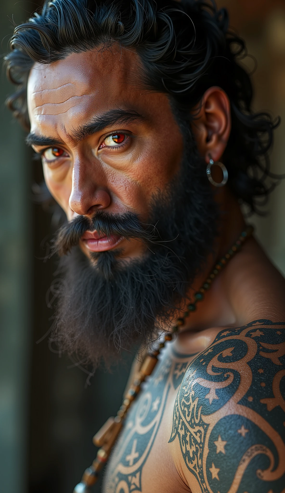 (photorealism:1.2)
Pay extremely close attention to every single detail and follow the prompts carefully and accordingly.
Samoan male with long black hair and a full beard. He has dark brown eyes and tribal tattoos covering both his arms and only the right side of his chest.