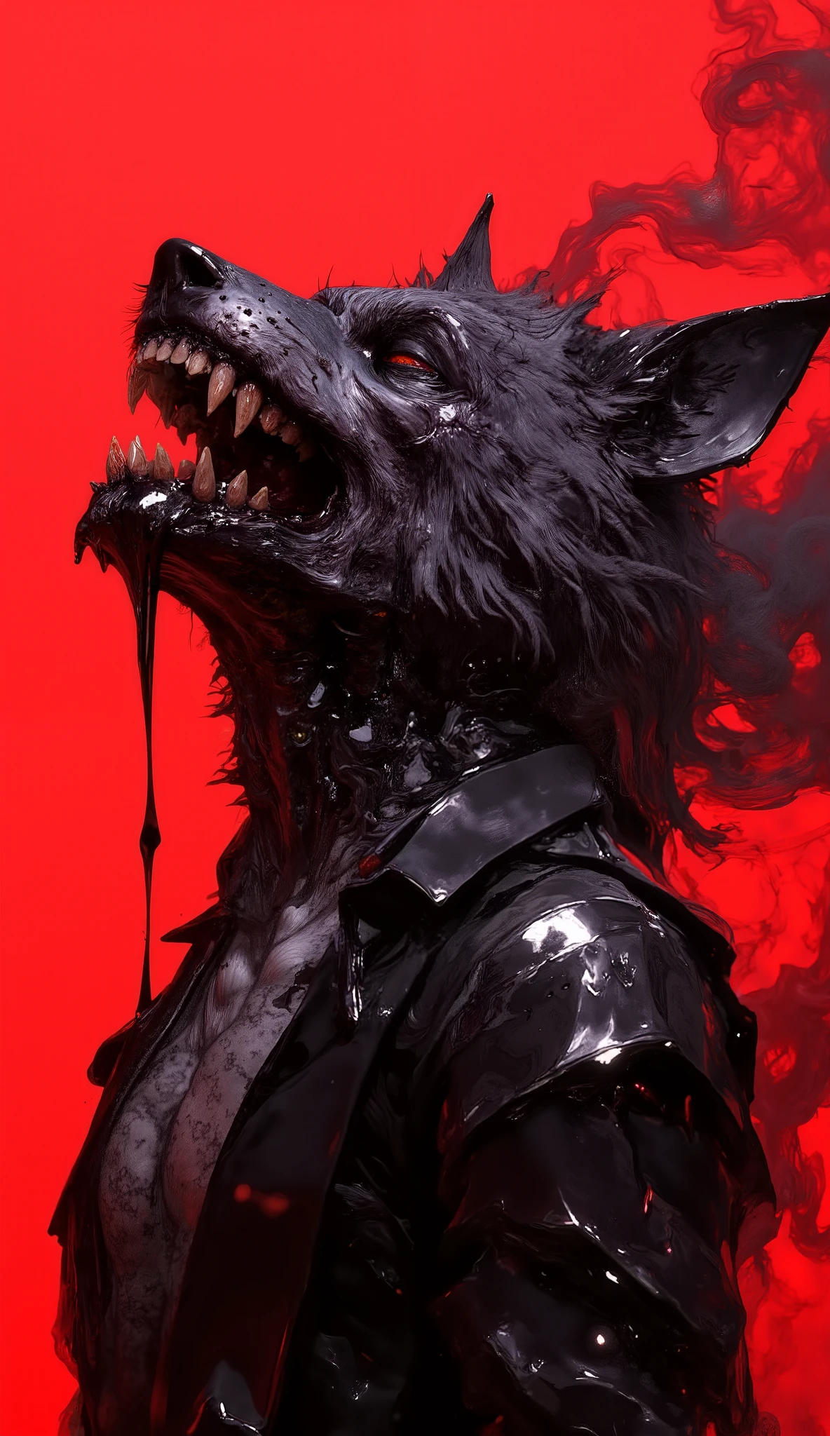 [A grotesque, anthropomorphic wolf creature, head tilted back in a silent scream, smoke emanating from its neck, dripping black substance resembling tar or blood from its fangs, conveying a sense of anguish and otherworldly horror], [3D digital sculpting, dark fantasy art, surrealism], [Greg Rutkowski, Zdzisław Beksiński], [Octane Render, high resolution, dramatic lighting with a single red backlight, dark and glossy textures, black and white color scheme with red background, smoke effect using volume rendering, focus on the creature's face and upper body]