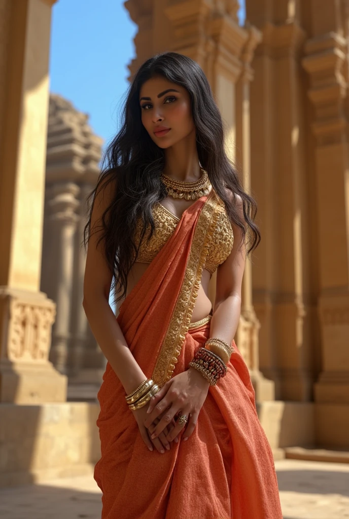 Portrait, a beautiful indian queen, classic, ultra detailed body, ultra detailed face, long pony hair, walking on a city street, white saree, medieval city buildings, medieval times, perfect anatomy, sexy, charming, majestic, tattooed hands, ultra quality, body parts, ambient lighting, ultra detailed 17th century city background, dark cloudy sky, volumetric fog, 8k