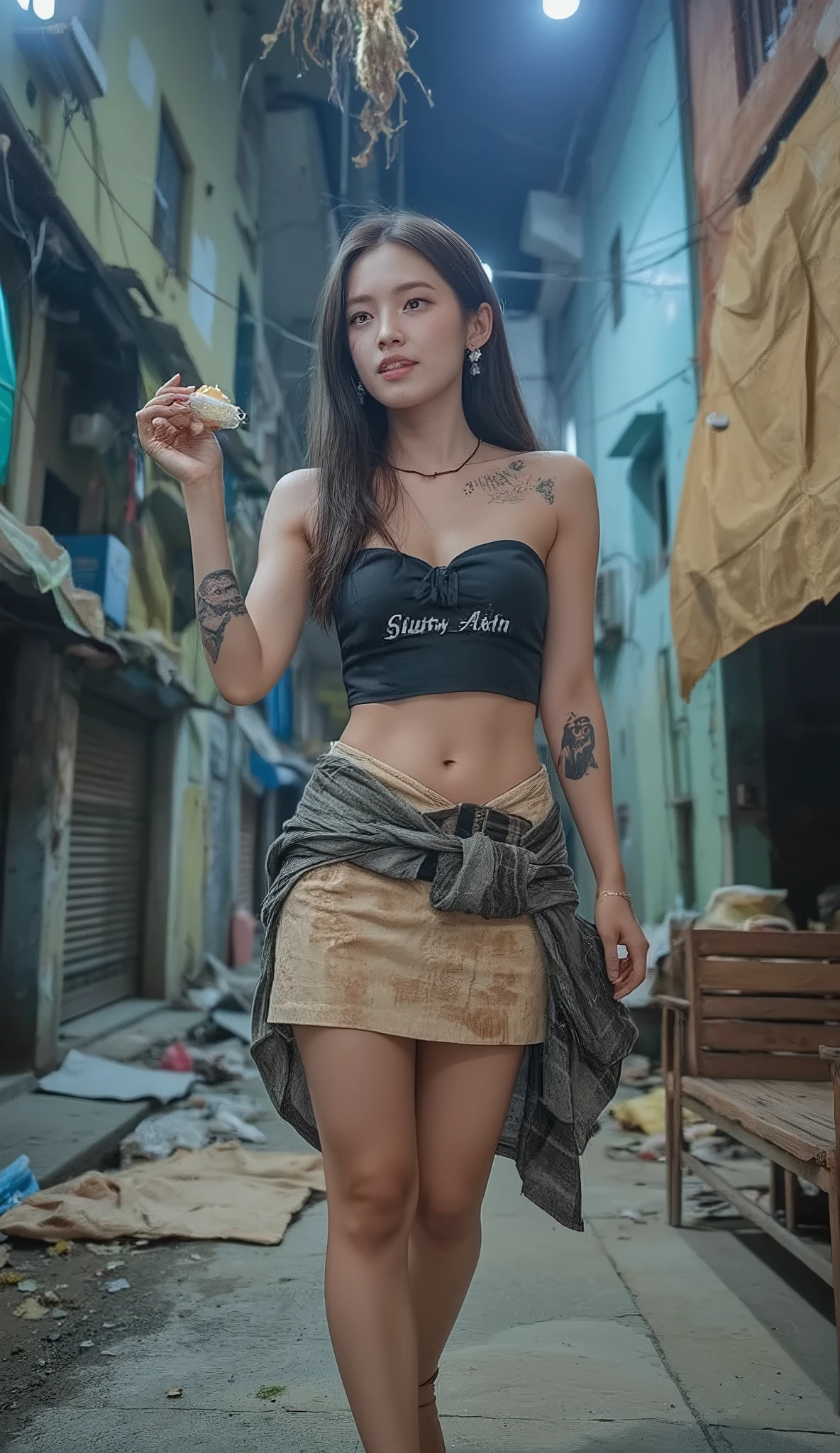 NSFW,
Film camera depiction,
Taken with a high-dispersion high-end lens,
Wide-angle lens,
Full-body shot,

at night,
A beautiful Korean girl is attracting customers at in the slums,
Her face has large burn scars,
((The burn scars have become ugly keloid scars)),
She was a member of a Korean idol group but retired due to her burns,
Before she ended up in this slum, she was used by bad people and had scars all over her body,
She has many tattoos,
One of them is a picture of poop,
Another has the words "Sluty Arin" carved into it,
In the slums, she became very dirty,
She has lots of bumps and pimples on her skin,
She wears tube top and short skirt that look like rags,
She smells like filth,
She is high on drugs,
She does not refuse any sexual acts,
She will even have sex with a dog,
hovels and two- or three-storey rundown apartments built close together,
very narrow alleys where it's difficult for people to pass each other,
used condom,
she is second hands,