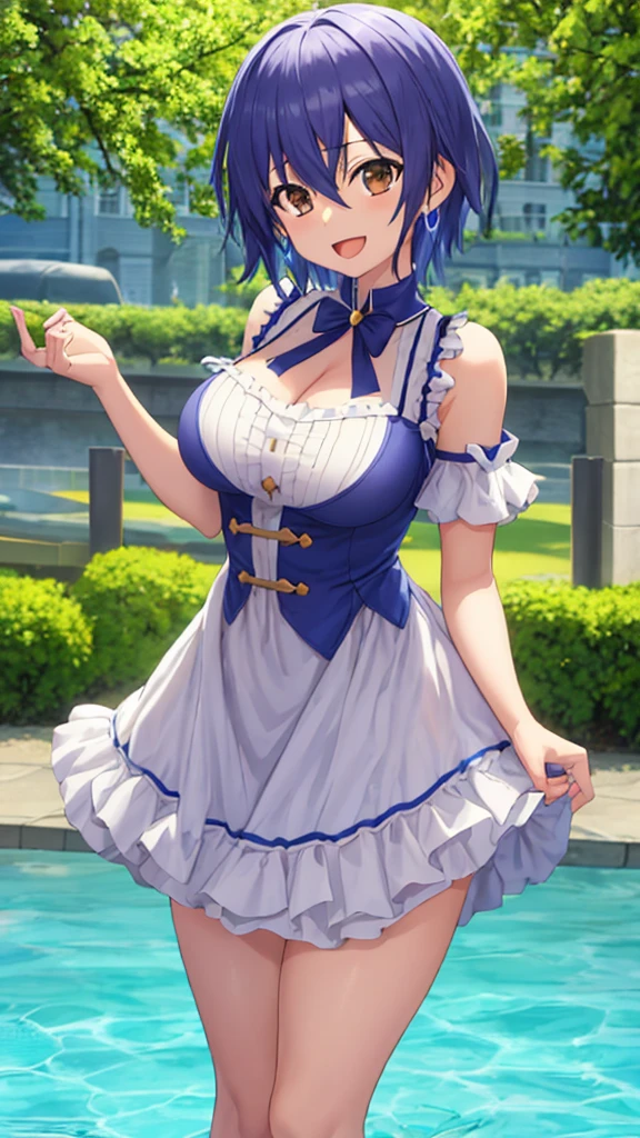 (masterpiece:1.2), (best quality), (ultra detailed), (8k, 4k, intricate), (full-body-shot:1), (highly detailed:1.2), (detailed face:1.2), (detailed background), detailed landscape, ((portrait)), (dynamic pose:1.2) aether foundation employee, dark blue hair, short hair, white hat, 1girl, ((solo)), breasts, looking at viewer, smile, open mouth, medium breasts, skimpy white lace bra, intricated white lace underwear, nsfw, collarbone, hair ribbon, cowboy shot, hand on hip, index finger raised, poke ball, poke ball (basic), sidelocks, eyelashes,