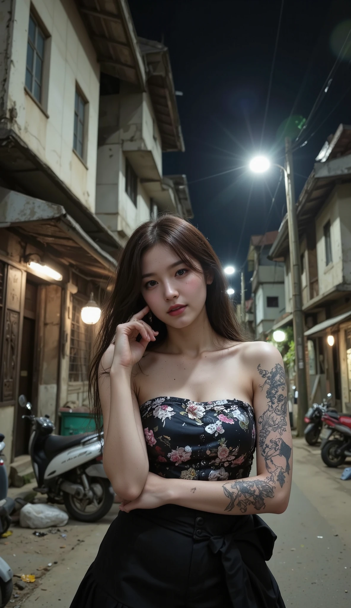NSFW,
Film camera depiction,
Taken with a high-dispersion high-end lens,
Wide-angle lens,
Full-body shot,

at night,
A beautiful Korean girl is attracting customers at in the slums,
Her face has large burn scars,
((The burn scars have become ugly keloid scars)),
She was a member of a Korean idol group but retired due to her burns,
Before she ended up in this slum, she was used by bad people and had scars all over her body,
She has many tattoos,
One of them is a picture of poop,
Another has the words "Sluty Arin" carved into it,
In the slums, she became very dirty,
She has lots of bumps and pimples on her skin,
She wears tube top and short skirt that look like rags,
She smells like filth,
She is high on drugs,
She does not refuse any sexual acts,
She will even have sex with a dog,
hovels and two- or three-storey rundown apartments built close together,
very narrow alleys where it's difficult for people to pass each other,
used condom,
she is second hands,