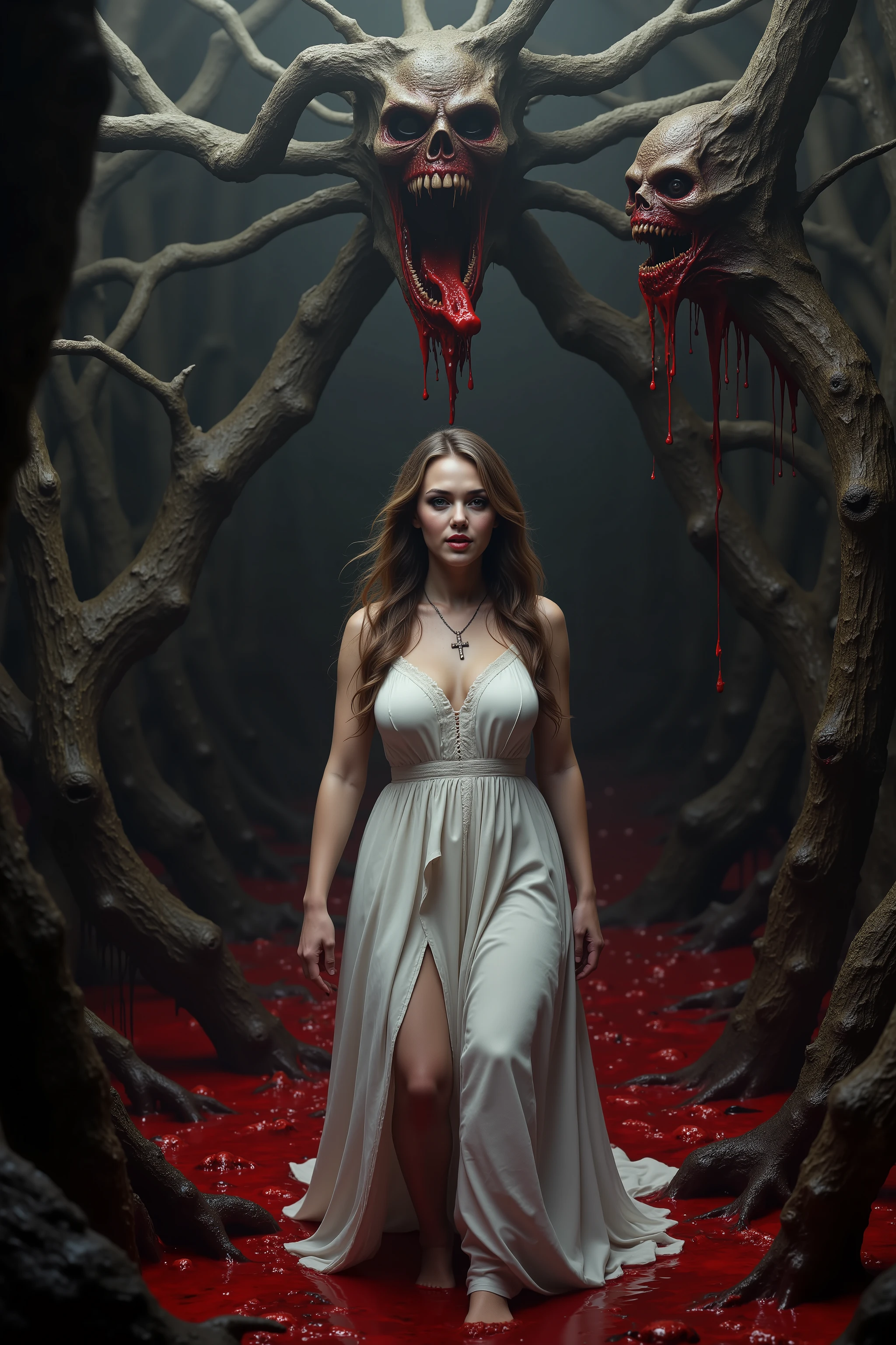 An extremely attractive young woman with very pale skin, a long white dress, makeup, black eyeshadow and dark red lipstick, very long light brown wavy hair, large breasts, stunningly beautiful face, Looking at viewer. Big smile.Wearing a crucifix necklace.Walking through a haunted forest of evil trees. Trees with demonic faces that are vomiting up thousands of gallons of blood and chunks of gore.  The blood and chunks of gore fill in the spaces in between the tree's massive roots. The woman is knee-deep in the blood and is trying to walk through. Images are Very Visually explicit and disturbing. Be sure to blend the color and texture of the tree's bark with the faces they have. There are no ears or eyes to be seen. Just big dark gaping holes in the trees like knots. Photo-realistic,ultra-detailed, realism,portrait photography,cinematic portrait, cinematic photography, UHDR, full focus, highest quality, cinematic lighting, highers,best quality,masterpiece, Breathtakingly Beautiful, cinematic lighting, cinematic photography, cinematic portrait, photorealistic, portrait photography, hyperrealism, ultra detailed, UHD, full focus, Awe inspiring, Stunning, Startling, Visually Intoxicating, Award Winning, Best quality, Masterpiece   