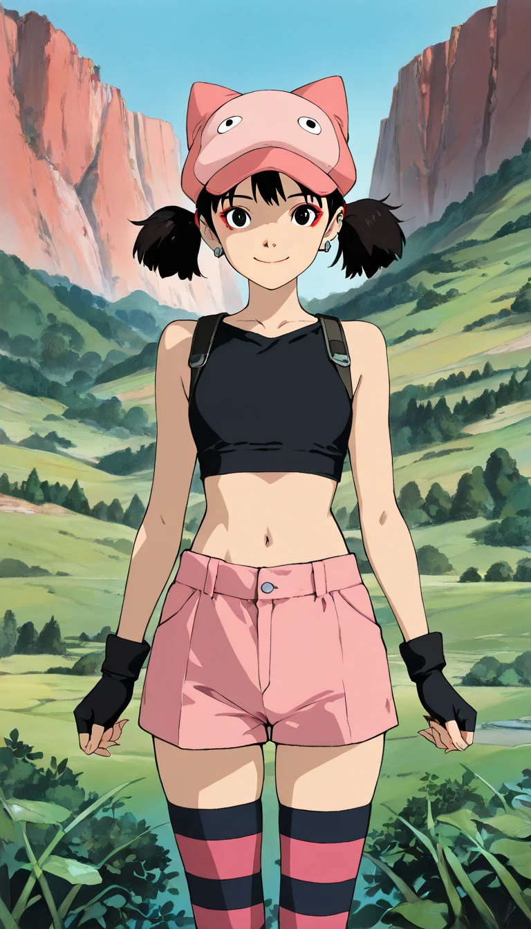 anime screencap, masterpiece, best quality, highres, outdoors, small breasts, gine, spiky black hair, 1 girl, Solo, Black Eyes, Good hands are down, Smile, Blushing, Bare Neck, Bare Shoulders, black bikins, black bra, black panty, midriff, standing on a boulder with bare feets. Cowboy shot. A landscape of the beach, sea, blue skies, sand beach. In the center. Far from the bottom, looking at viewers