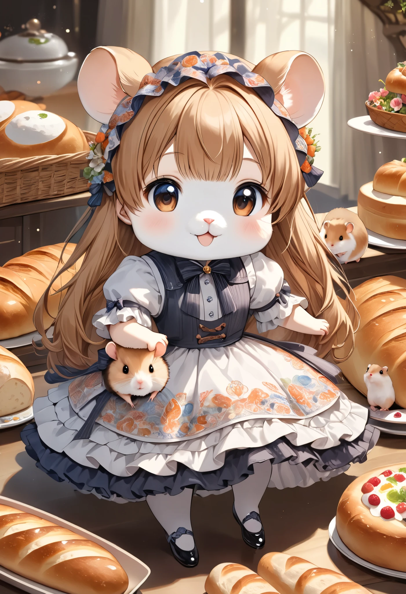 ((hamster girl), Alone,  classical European taste , cute and lean beauty, ( hamster fur is delicately and precisely drawn , Charming fluffy , \Hamsters are much smaller than guinea pigs\)),  BREAK girls like lace based on faded orange,  aiming for a bakery day 々In training, A cute dress with a Gobelin pattern,  Paisley small flowers , Elegant cuteness ,  woven with high quality fabric,  BREAK finely baked realistic bread ,  The surface is hard and the inside seems fluffy and soft , Very tasty baguette , BREAK charming blur, vivid hamster with real detailed fur, Premium watercolor style, (It leads the viewer to believe it's a hamster, not a guinea pig)