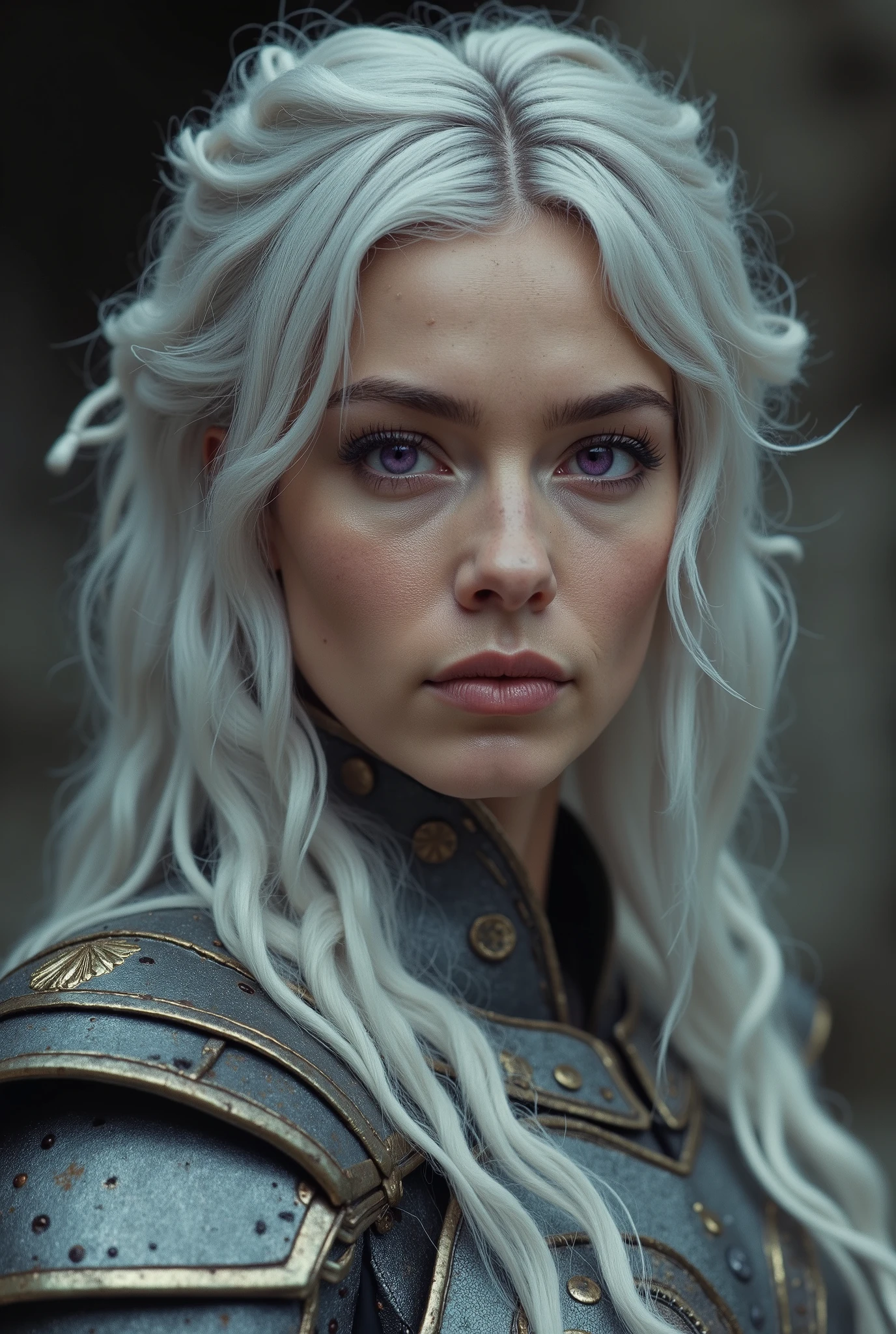 A woman, beautiful 25y, silver hair, purple eyes, warrior, magnificent light armor, elegant, beutiful face, detailed eyes, perfect eyes, in a tumb, cinematic, professional photo, 16k, uhd, detailed image, raw, kodak film style, perfect light