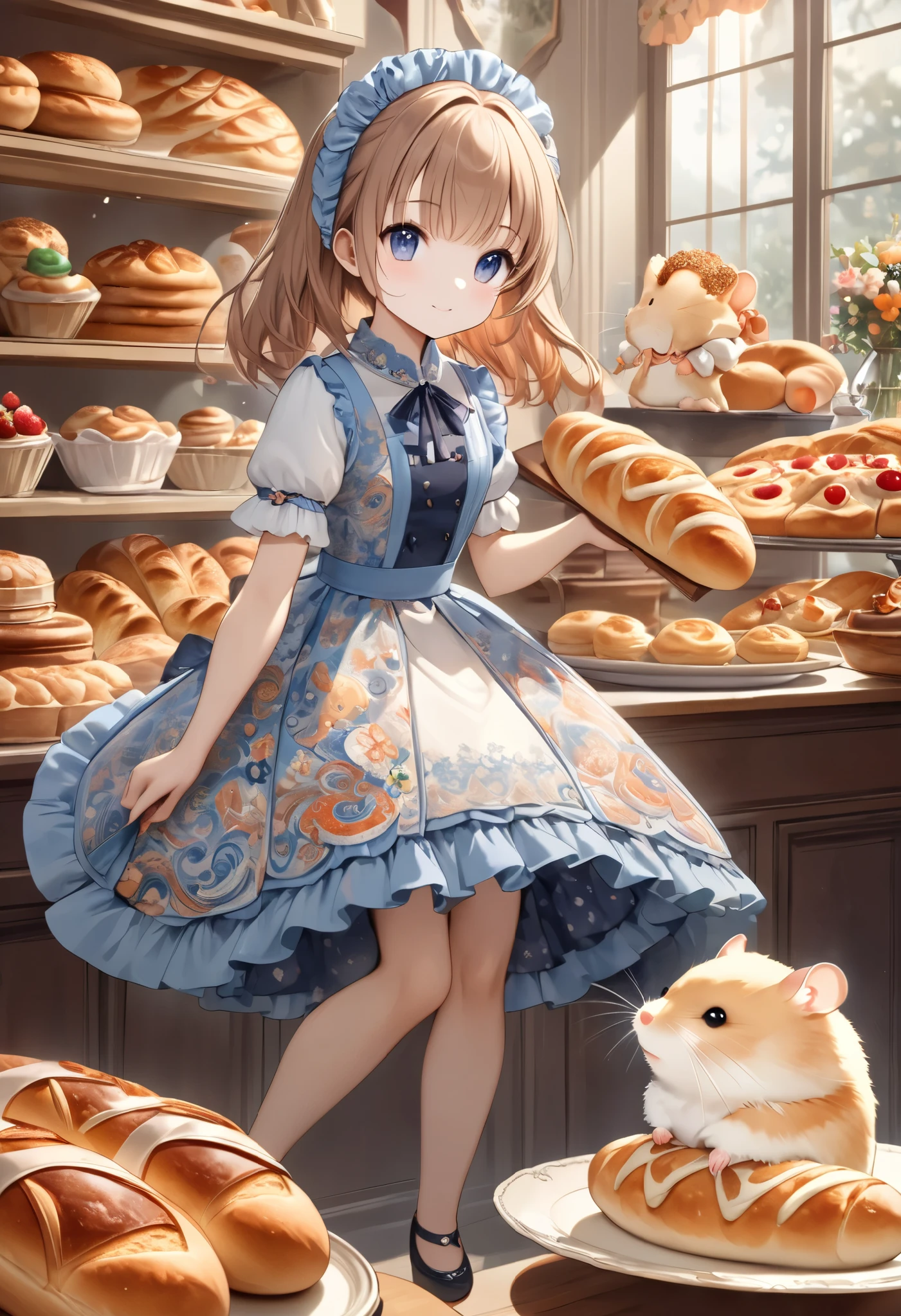 ((hamster girl), Alone, classical European taste , cute and lean beauty, ( hamster fur is delicately and precisely drawn , Charming fluffy , \Hamsters are much smaller than guinea pigs\)), BREAK girls like lace based on faded orange, aiming for a bakery day 々In training, A cute dress with a Gobelin pattern, Paisley small flowers , Elegant cuteness , woven with high quality fabric, BREAK finely baked realistic bread , The surface is hard and the inside seems fluffy and soft , Very tasty baguette , BREAK charming blur, vivid hamster with real detailed fur, Premium watercolor style, (Hamsters are much smaller than guinea pigs, It leads the viewer to believe it's a hamster, not a guinea pig)