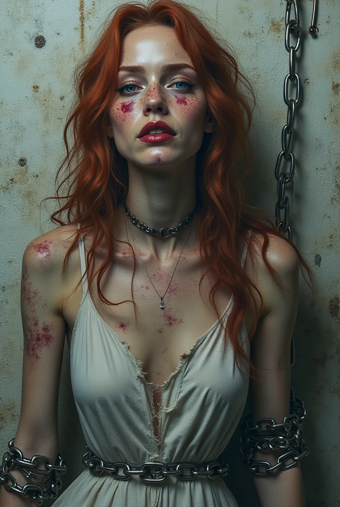 Messy red long hair, red eyes, long fang, vampire,smirk, ruin background,bandage,