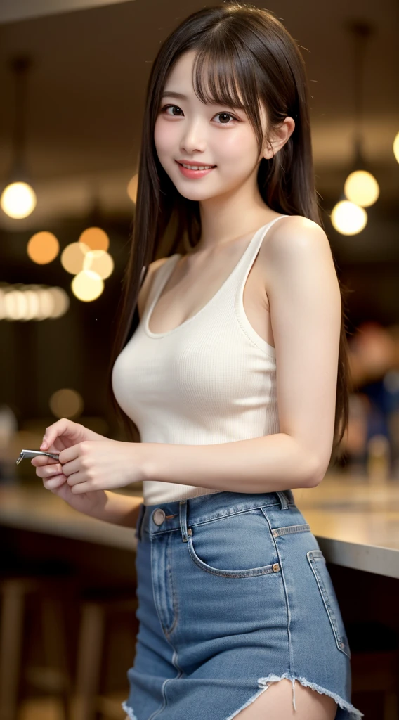 masutepiece, Best Quality, Illustration, Ultra-detailed, finely detail, hight resolution, 8K Wallpaper, Perfect dynamic composition, Beautiful detailed eyes, Off-shoulder t shirt and mini shorts,Bob Hair, mid-chest, Natural Color Lip, Random and sexy poses,Smile,20 years girl Colossal 、nightclub、
