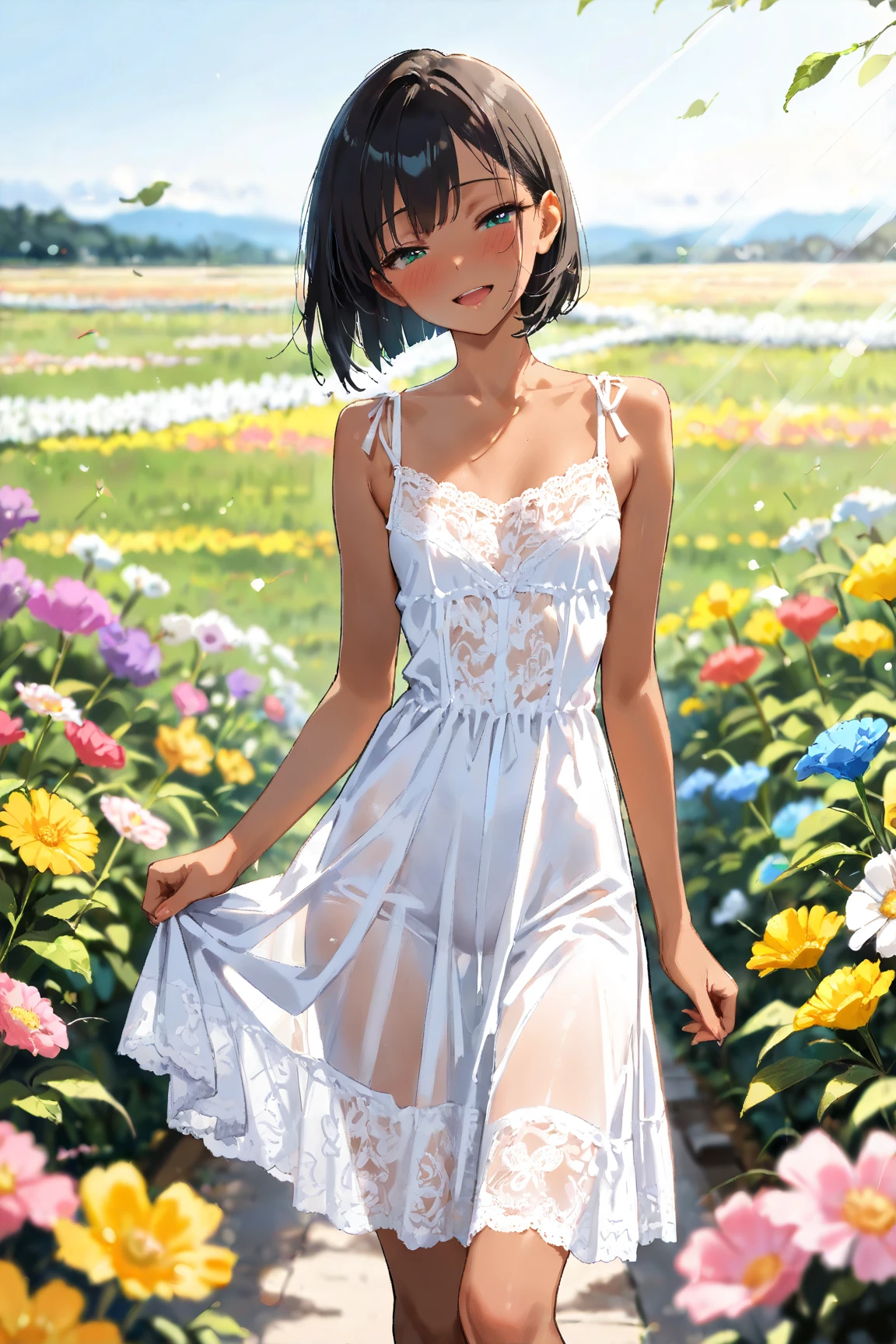 best quality,masterpiece,1girl,solo,(((9ars old))),japanese girl,an extremely cute and beautiful girl,highly detailed beautiful face and eyes,petit,cute face,lovely face,baby face,shy smile,show teeth,black hair,medium short hair,Hairless pussy,flat chest,nipples are sticking out in the shirt,skinny,slender,(((wearing a wet white thin mini summer dress))),(((clothing lift))),(((standing in a flower garden))),she is looking at the viewer,(((full body))),((legs spreading wide open))