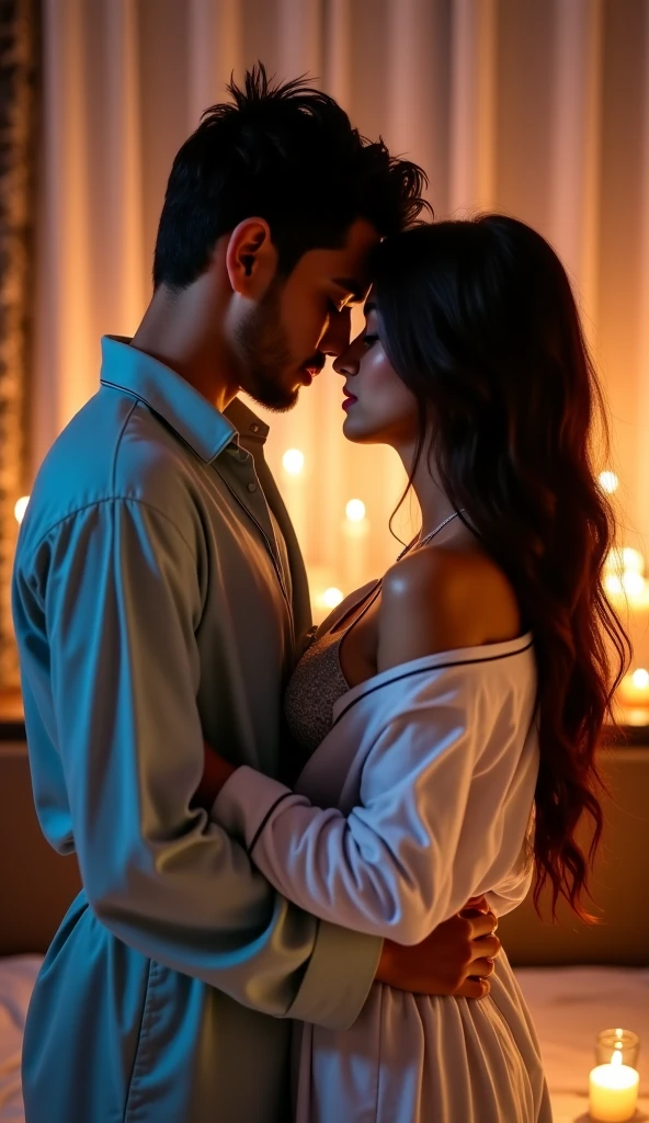 Create a image of a 25 year old indian girl in a room long black silky hair in  tied hair style her 24 year old boyfriend kissing her neck from back
